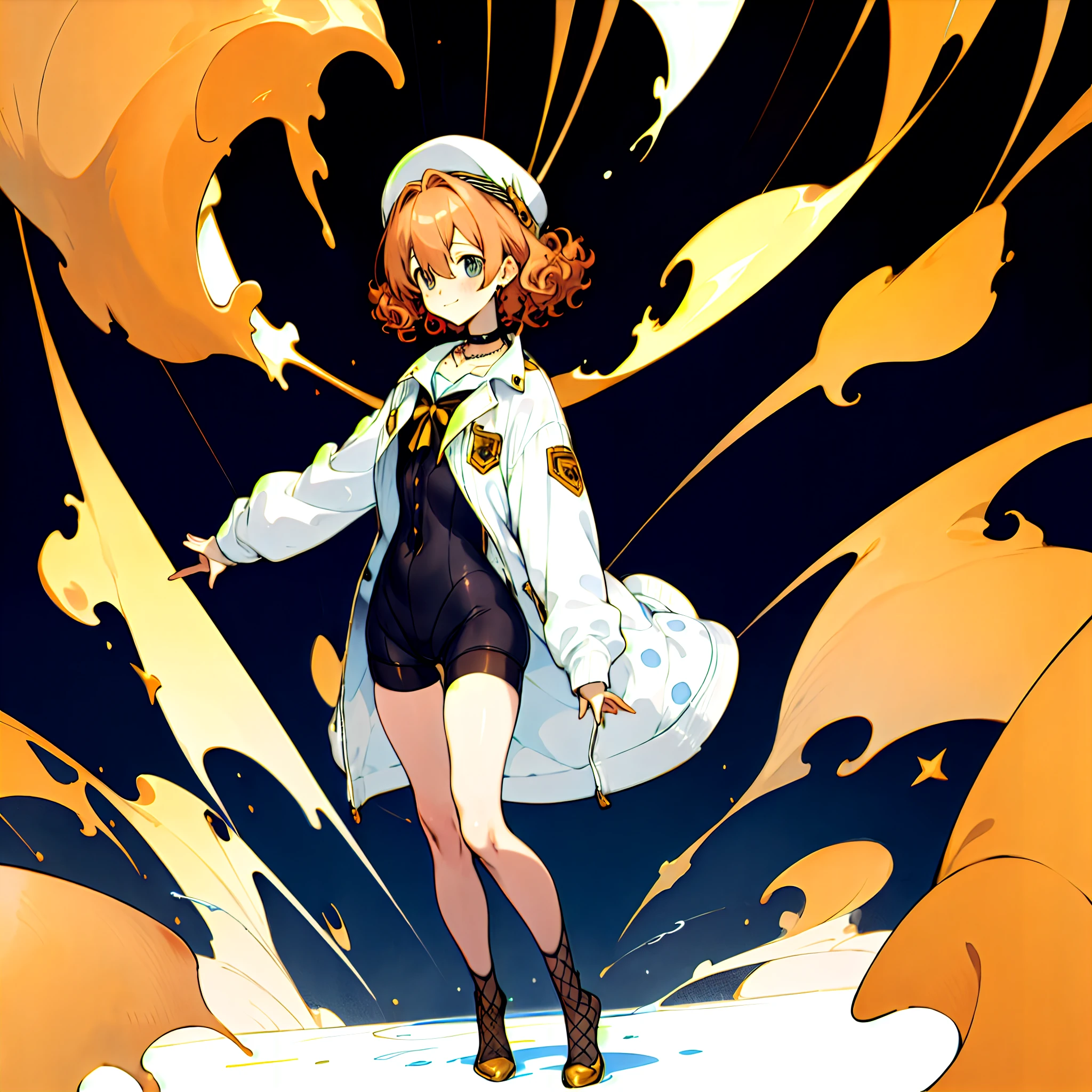 Full body like，solo person，femele，height of one meter seven，Full-figured，There is a tear mole in the left eye，smokes，ear studs，choker necklace，golden curly hair，sharp look，fishnets stockings，Stand up，Extra short hot pants，Spread out suit white-collar workers，detail-rich，illustration，CG anime，quadratic element（Optimal image quality，tmasterpiece，sexual appetite）
