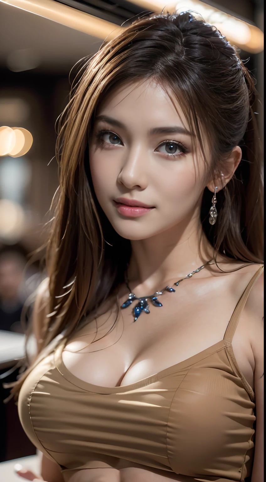 Masterpiece, Best quality, Photorealistic, Ultra-detailed, finedetail, high resolution, 8K wallpaper, 1 beautiful woman, Wear casual business attire, In excellent restaurant, At night, Light brown messy hair, Perfect dynamic composition, Beautiful detailed eyes