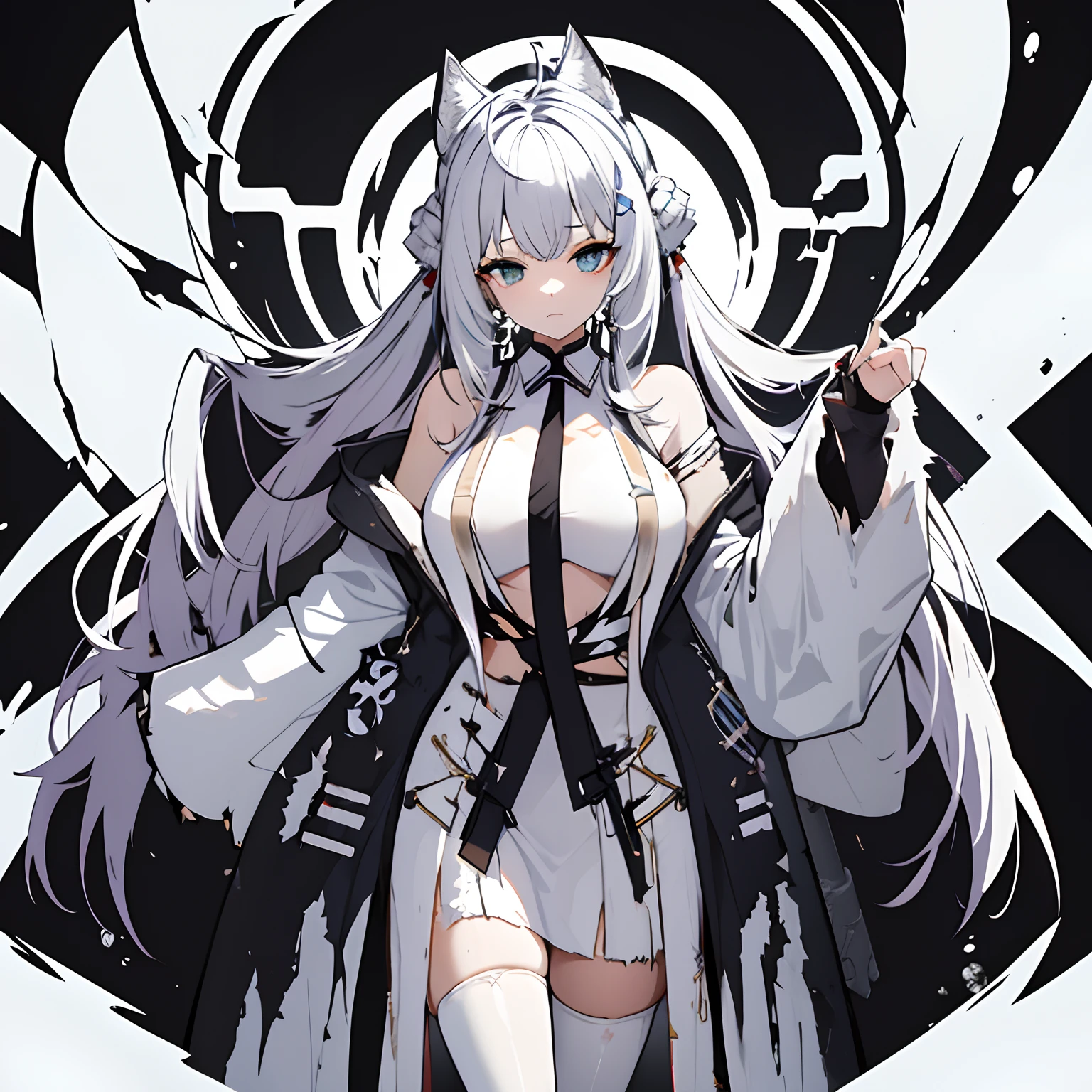 1 girl, solo, Koyori, tattered and torn white robe, intricate white lab coat, torn black stockings, white hair with black tips, side braids, long let down hair with black tips, red and green eyes, heterochromia, serious expression, alien-like laboratory in background