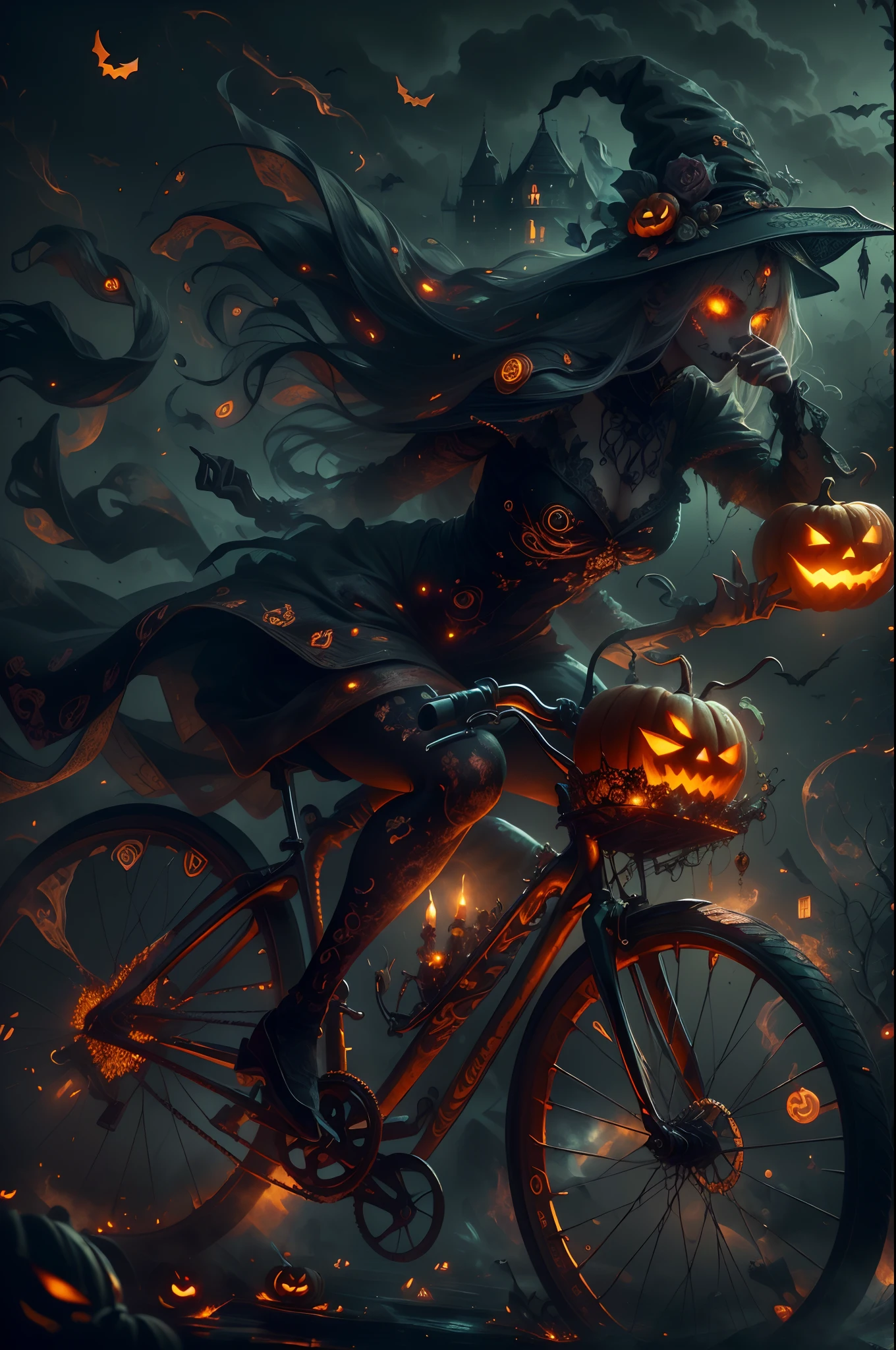 HalloweenGlowStyle，(Best quality,4K,8K,A high resolution,Masterpiece:1.2),Ultra-detailed,(Realistic,Photorealistic,photo-realistic:1.37),Dark background,Dark atmosphere,Dark theme,Creepy,unnerving, (Pumpkin Witch riding a bike: 1.5),mysterious,Subtle curls,Translucent appearance,sinister,But attractive,Spooky,Unsettling appearance,during night,Chilling,Scary,Vivid colors,Gloomy,haunting,Black background,A mysterious and disturbing Halloween witch rides a bike,(Extremely detailed CG unifies 8K wallpapers),(((Masterpiece))), (((Best quality))), ((Ultra-detailed)), (Best Illustration),(Best shadow), ((An extremely delicate and beautiful)),Dynamic Angle,Floating, in wonderland,Dynamic Angle,flower  sea,Beautiful detailed garden,Wind,classic,Spring, (Detailed light),feater, Nature, (Sunlight), River, forest,(((Floating palace))),((the best building)),Beautiful and delicate water,(Painting),(Sketch),(full bloom),(Shine)，1, fire element composed of fire elements