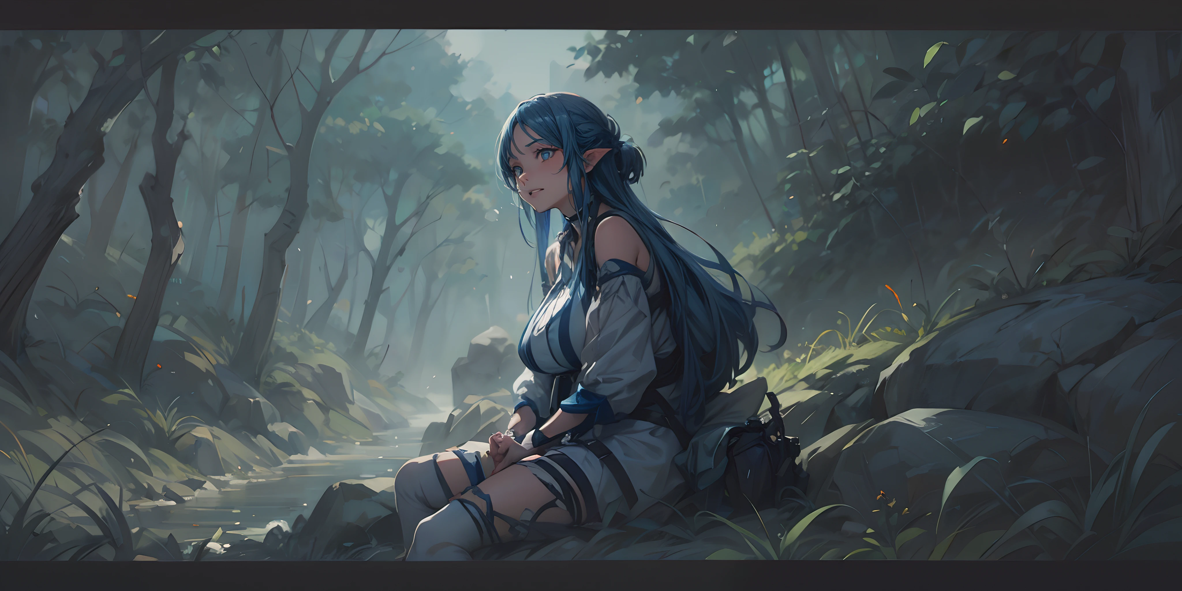 pointy ears, (mature female, huge breast:1.3), a woman sitting on a stone wall in a park, an anime drawing inspired by Makoto Shinkai, cgsociety contest winner, conceptual art, anime style 4 k, realistic anime 3 d style, smooth anime cg art, "glow effects, godrays, Hand drawn, render, 8k, octane render, cinema 4d, blender, dark, atmospheric 4k ultra detailed, cinematic, Sharp focus, big depth of field, Masterpiece, colors, 3d octane render, 4k, concept art, trending on artstation, hyperrealistic, Vivid colors, extremely detailed CG unity 8k wallpaper, trending on CGSociety, Intricate, High Detail, dramatic", anime coloring, anime screencap, sweating, steaming body, fog