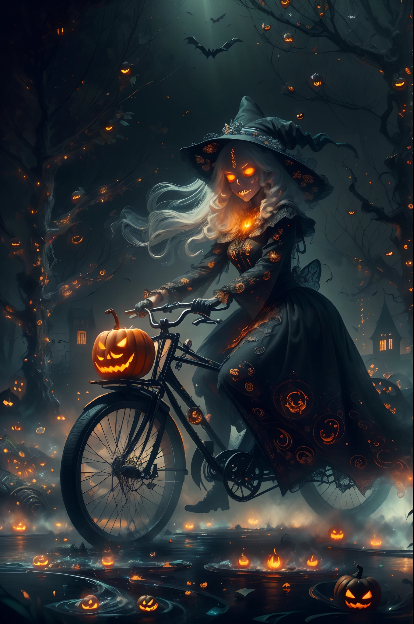 HalloweenGlowStyle，(Best quality,4K,8K,A high resolution,Masterpiece:1.2),Ultra-detailed,(Realistic,Photorealistic,photo-realistic:1.37),Dark background,Dark atmosphere,Dark theme,Creepy,unnerving, (Pumpkin Witch riding a bike: 1.5),mysterious,Subtle curls,Translucent appearance,sinister,But attractive,Spooky,Unsettling appearance,during night,Chilling,Scary,Vivid colors,Gloomy,haunting,Black background,A mysterious and disturbing Halloween witch rides a bike,(Extremely detailed CG unifies 8K wallpapers),(((Masterpiece))), (((Best quality))), ((Ultra-detailed)), (Best Illustration),(Best shadow), ((An extremely delicate and beautiful)),Dynamic Angle,Floating, in wonderland,Dynamic Angle,flower  sea,Beautiful detailed garden,Wind,classic,Spring, (Detailed light),feater, Nature, (Sunlight), River, forest,(((Floating palace))),((the best building)),Beautiful and delicate water,(Painting),(Sketch),(full bloom),(Shine)，1, fire element composed of fire elements