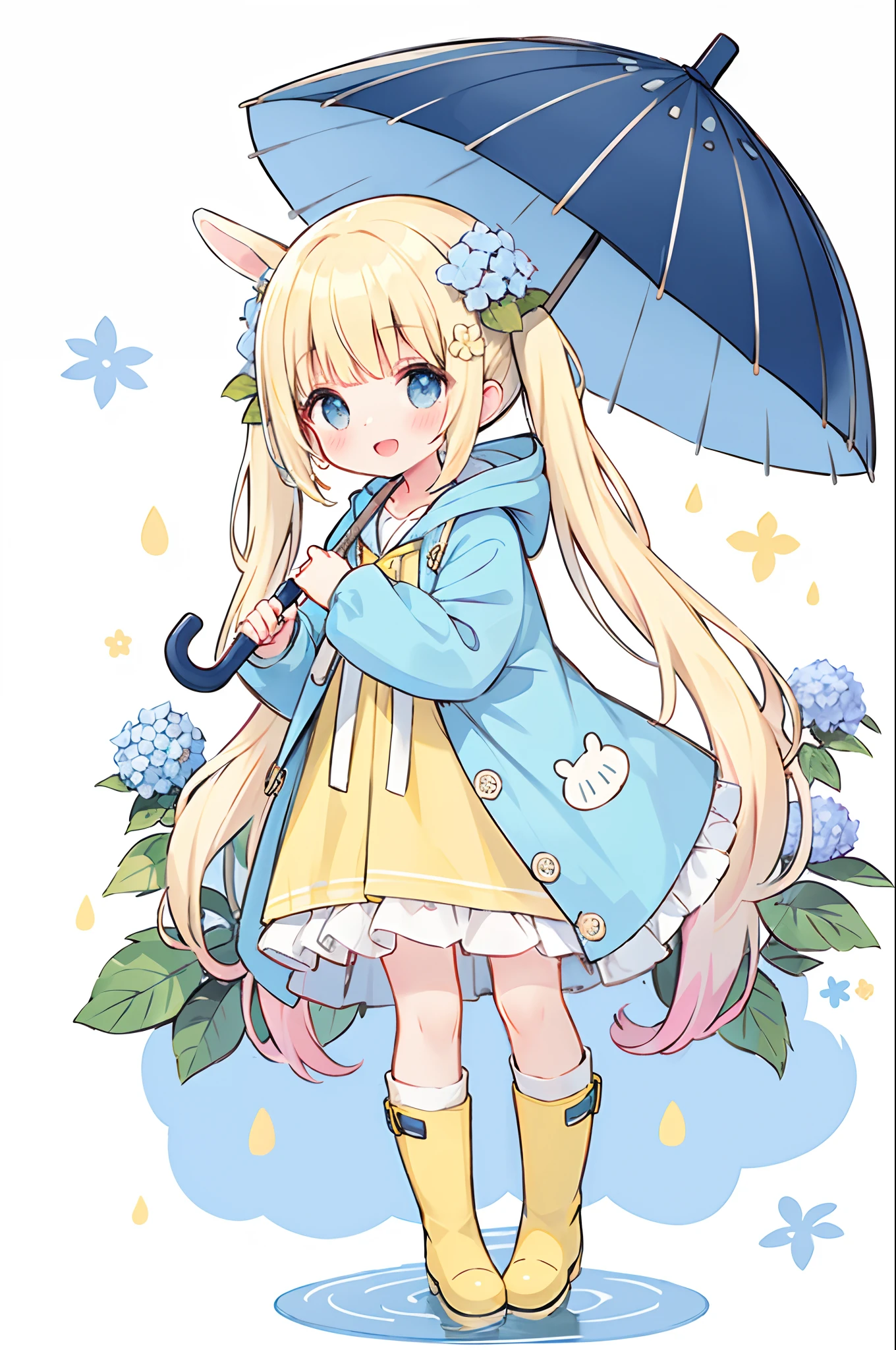 1girl,rainbow,raincoat,yellow raincoat,rubber boots,hydrangea,flower,long hair,twintails,boots,blush,umbrella,open mouth,hair ornament,white background,hood,solo,teruterubouzu,very long hair,hood up,long sleeves,low twintails,bow,bangs,smile,animal hood,blue eyes,rabbit,closed umbrella,puddle,full body,:d,snail,yellow footwear,simple background,pink flower,standing,leaf umbrella,holding umbrella,food-themed hair ornament,hair bow,animal ears,holding,blonde hair,hair flower,rain,animal,