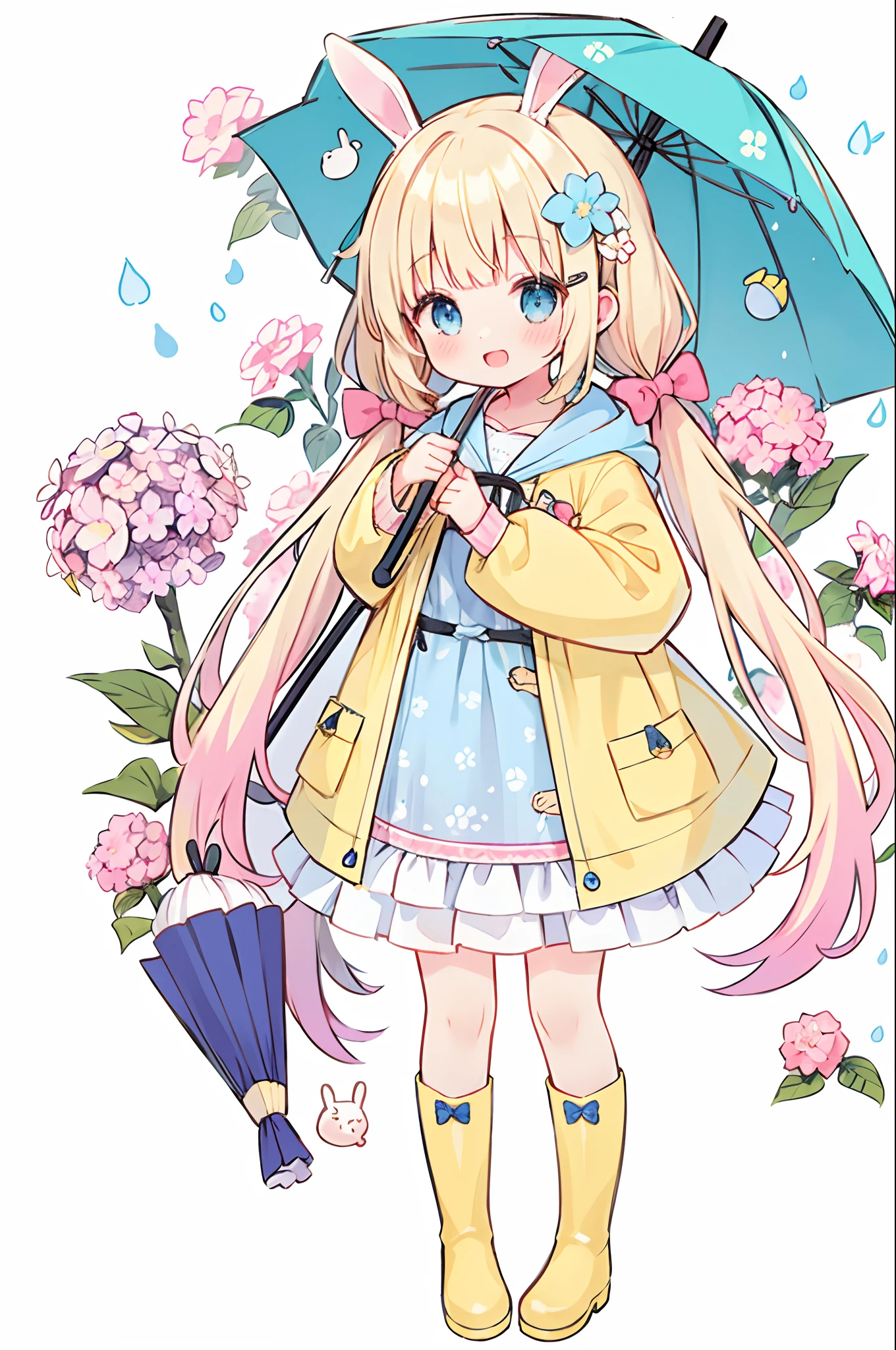 1girl,rainbow,raincoat,yellow raincoat,rubber boots,hydrangea,flower,long hair,twintails,boots,blush,umbrella,open mouth,hair ornament,white background,hood,solo,teruterubouzu,very long hair,hood up,long sleeves,low twintails,bow,bangs,smile,animal hood,blue eyes,rabbit,closed umbrella,puddle,full body,:d,snail,yellow footwear,simple background,pink flower,standing,leaf umbrella,holding umbrella,food-themed hair ornament,hair bow,animal ears,holding,blonde hair,hair flower,rain,animal,