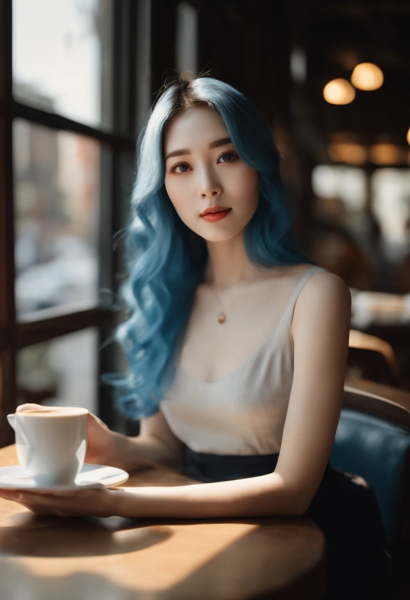 Photo of a Korean woman by Leegahyeon in the cafe, sitting at the table and holding coffee by the window, Blue hair, dynamic pose, Skin texture, pale skin, shiny skin, (sslim, petite:1.2), [:(Sharp focus on the face, detailed face, perfect eyes, Viewers look at:1.2):0.2], photorealestic, film grain, best quality, ​masterpiece 