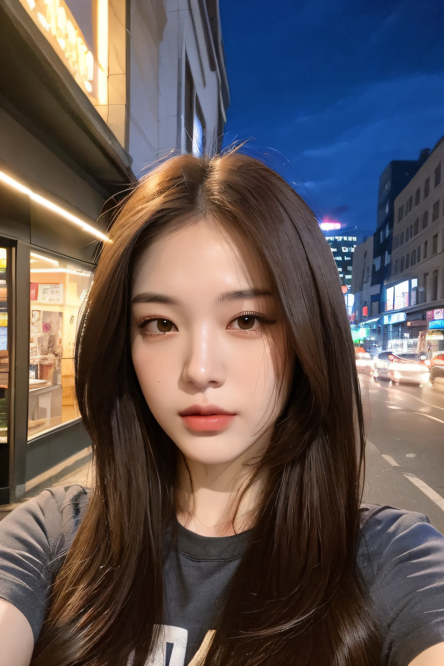 1girl, Tokyo street, night, cityscape, city lights, upper body, big, cleavage, sexy, closeup, 8k, raw photo, highest quality, masterpiece, realistic, photorealistic,