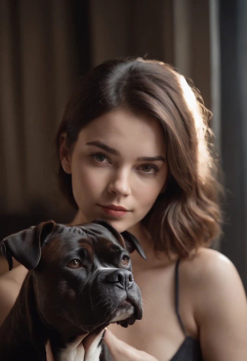 beautiful young woman with black boxer dog, fine art, black background, RAW photo, (photorealistic: 1.5), (short hair), light brown hair, (RAW photo, 8k UHD), beautiful detailed eyes, extremely detailed eyes and face, masterpiece, (highly detailed skin: 1.2), 8k UHD, DSLR, soft lighting, high quality