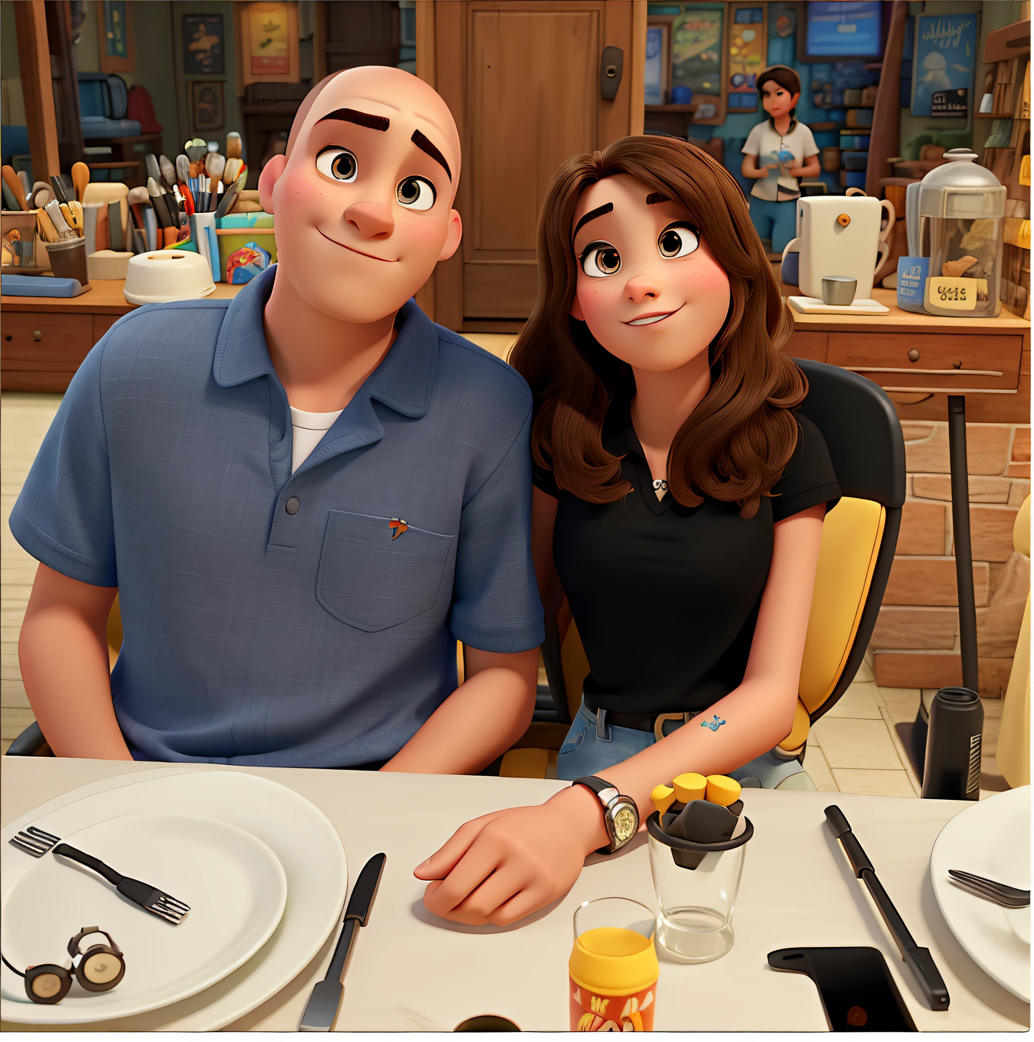 A couple,skinhead man and brunette woman pixar Disney stile, high quality, best quality
