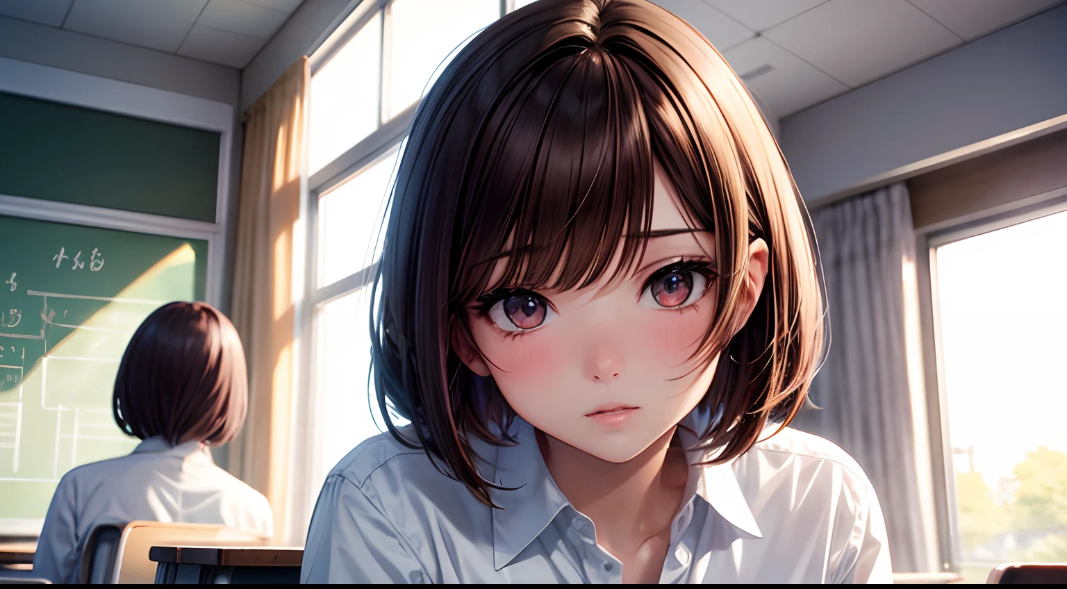 bob cut, floating hair, brown hair, light blush, High school students, White shirt, ‎Classroom, sit a chair, anime, anime style, masterpiece, 4K, textured skin, super detail, best quality, award winning