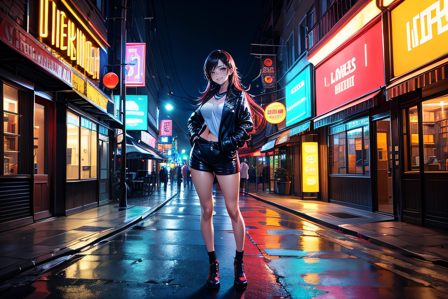 ((22-year-old beauty)), ((embarrassed smile)), ((luscious long hair)), ((Gradient eyes)), ((Background is a street at night with neon signs)), ((full body view)), NFFSW, UHD, Retina, Masterpiece, Accurate, Anatomical, Scientifically Correct, Textured Skin, Super Detail, High Detail, High Quality, Award Winning, Top Quality, High Resolution, 1080P, HD, 4K, 8k , 16k