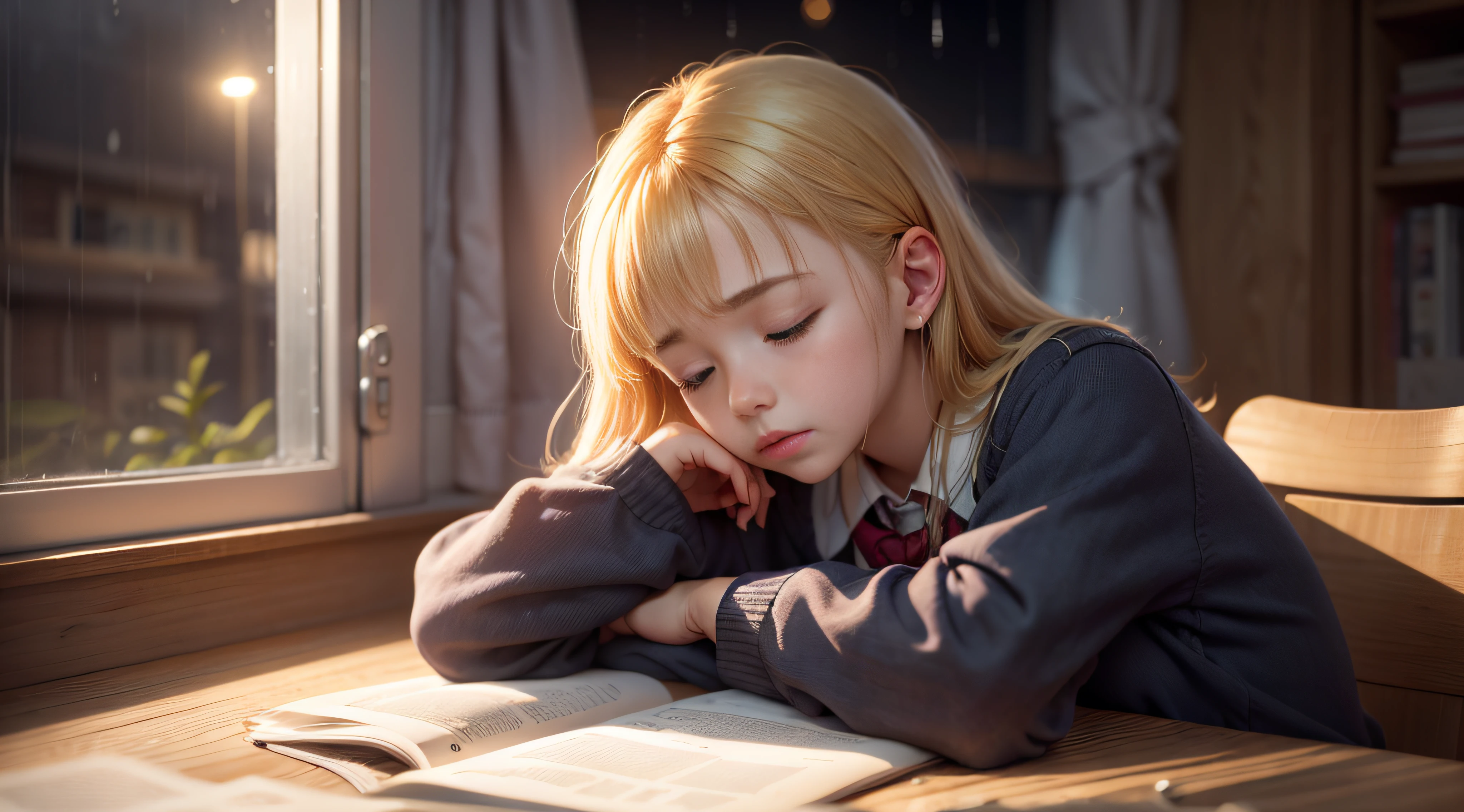 natta、It's night outside、heavy rain outside the window、dim room、realisitic、A schoolgirl tired of studying is sleeping、There are study tools and hot coffee on the desk、超A high resolution、Blonde hair