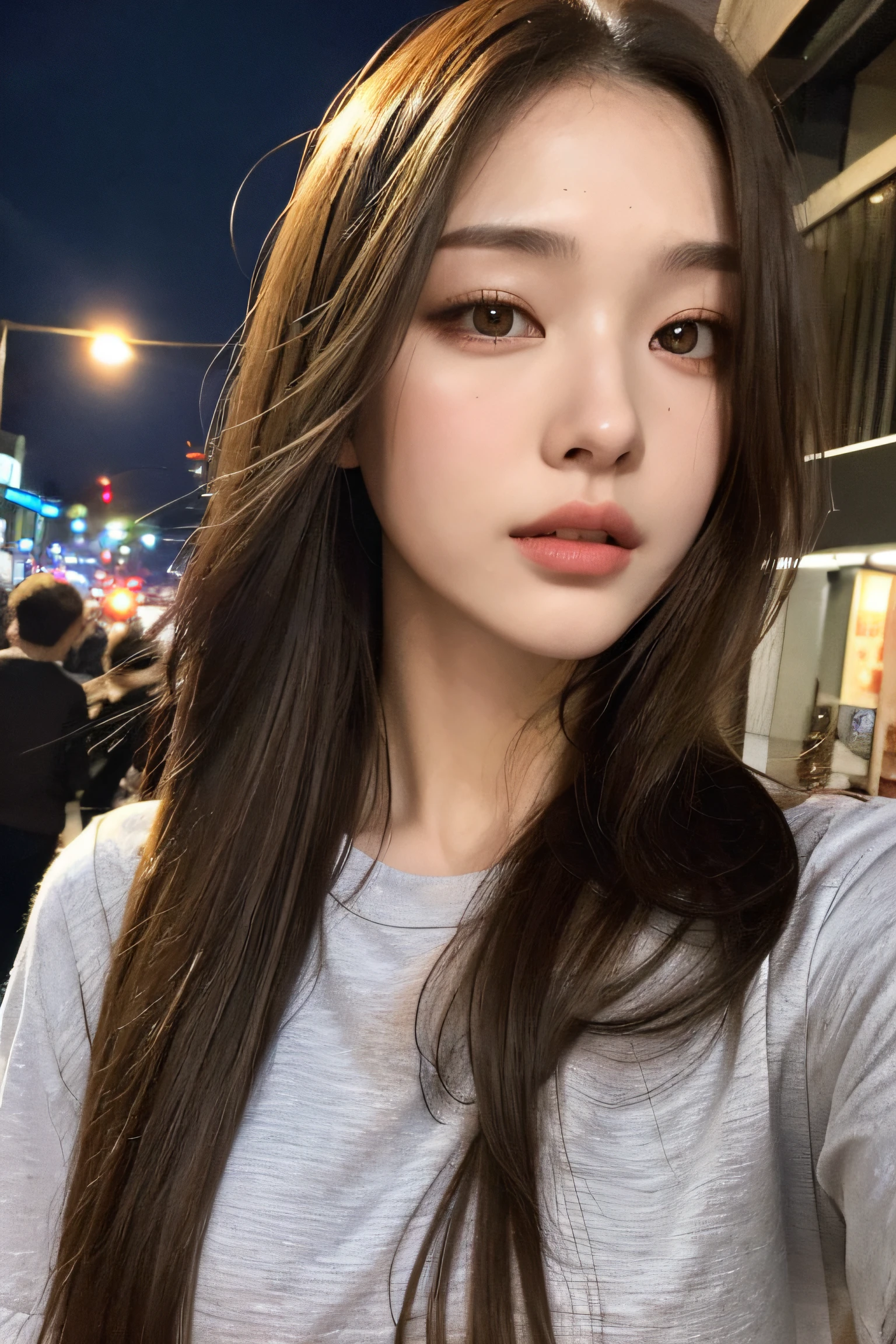 (Best quality, High resolution, Masterpiece :1.3), A pretty woman, Slender figure, Dark brown hair, T-shirt, (Street in city at night), Highly detailed face and skin texture, Detailed eyes, Double eyelid