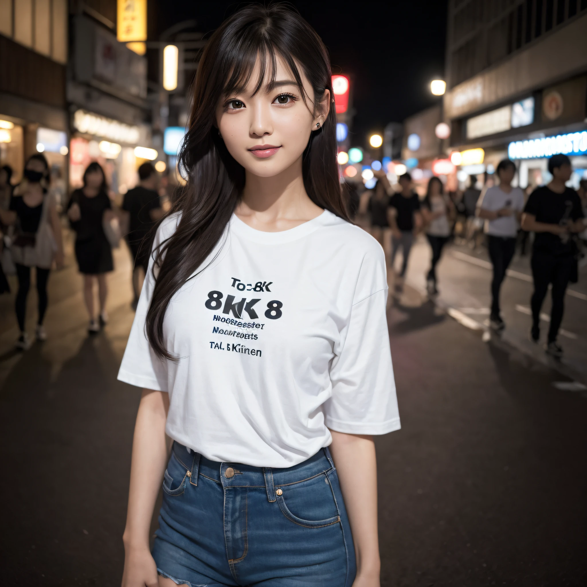 One lady、((best qualtiy、8k masterpieces:1.3))、foco nítido:1.2、(ultra beautiful faces:1.0)、(shinny skin:1.0)、photos realistic、A dark-haired、Video Lighting、High-definition eyes and face、Video Lighting、Japanese cute actress)、from the front side、medium breasts、Smile、Slender Abs Beauty、Whole body、wearing t-shirts、in tokyo at night