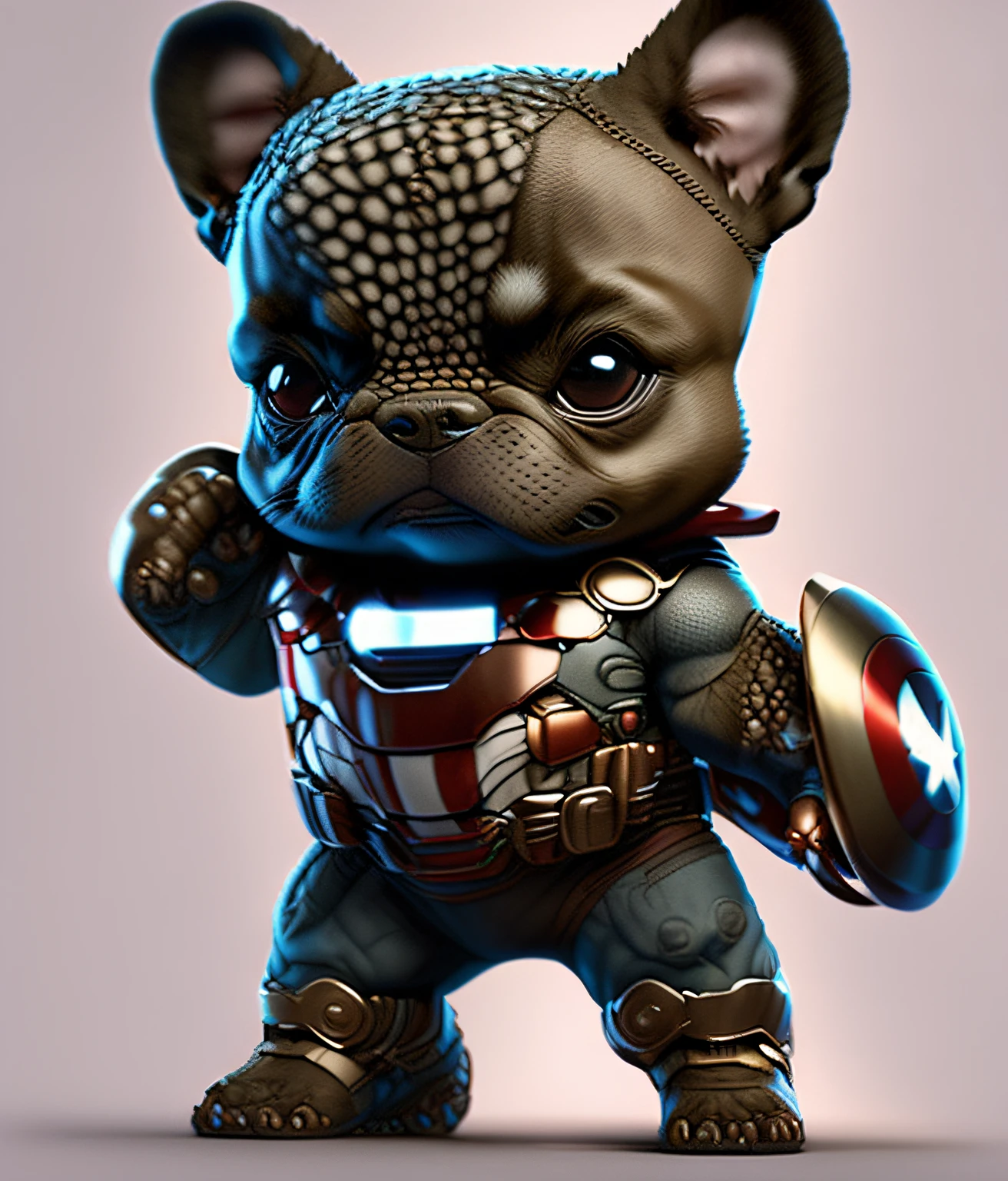 Filmaufnahme des realistischen niedlichen french bulldog puppy, In the marvel Avanger Captain America costume, nahtlos, episch, filmisch, komplizierte Details, awards winning, Schattierung, High quality, detailliert, zentriert