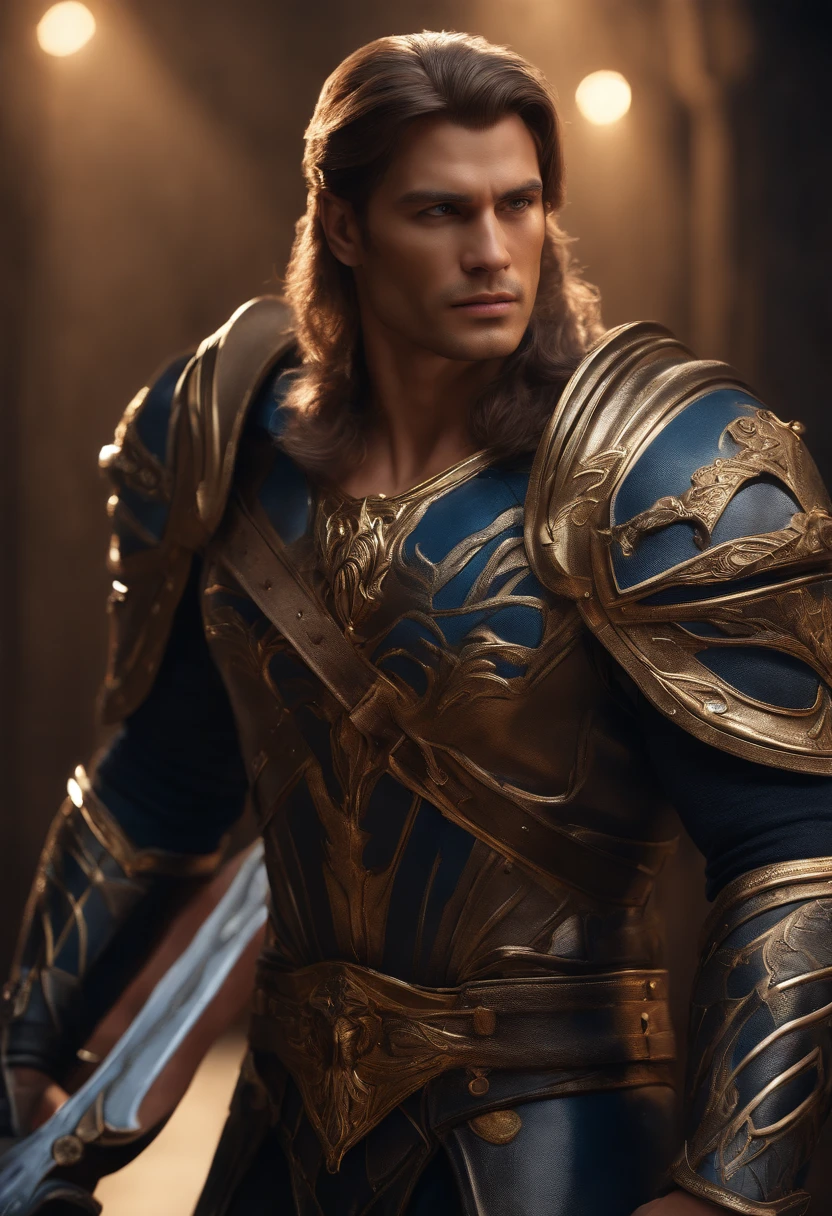 full body portrait with trident weapon in hand, light brown long hair, light tanned skin, realistic ultra-detailed, muscular physic,square jaw,best quality,realistic detailed hair texture, realistic skin texture, sharp focus, front view, full body shot,gold-dark blue armor, high contrast, strong backlighting, action film dark color lut, cinematic luts,(ultra-realistic)masculine face, wrinkles,majestic.