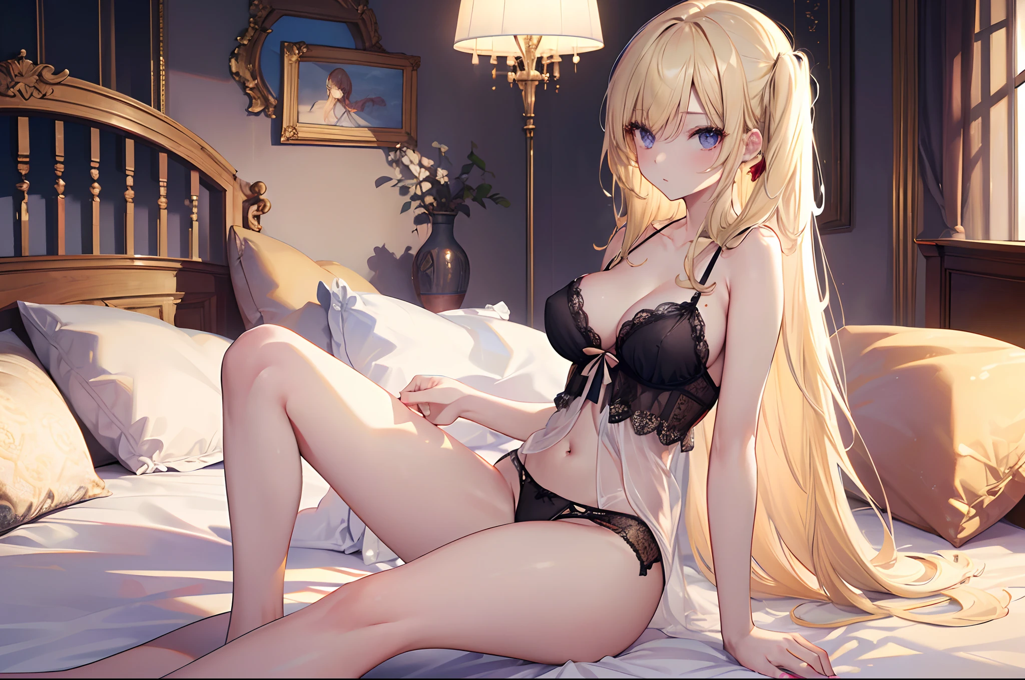 ((masterpiece, best quality, perfect anatomy)), 1girl, (bishoujo:1.3), (looking_at_viewer), (blonde long straight hair), (slender body, normal breast), (camisole, lingerie), bedroom