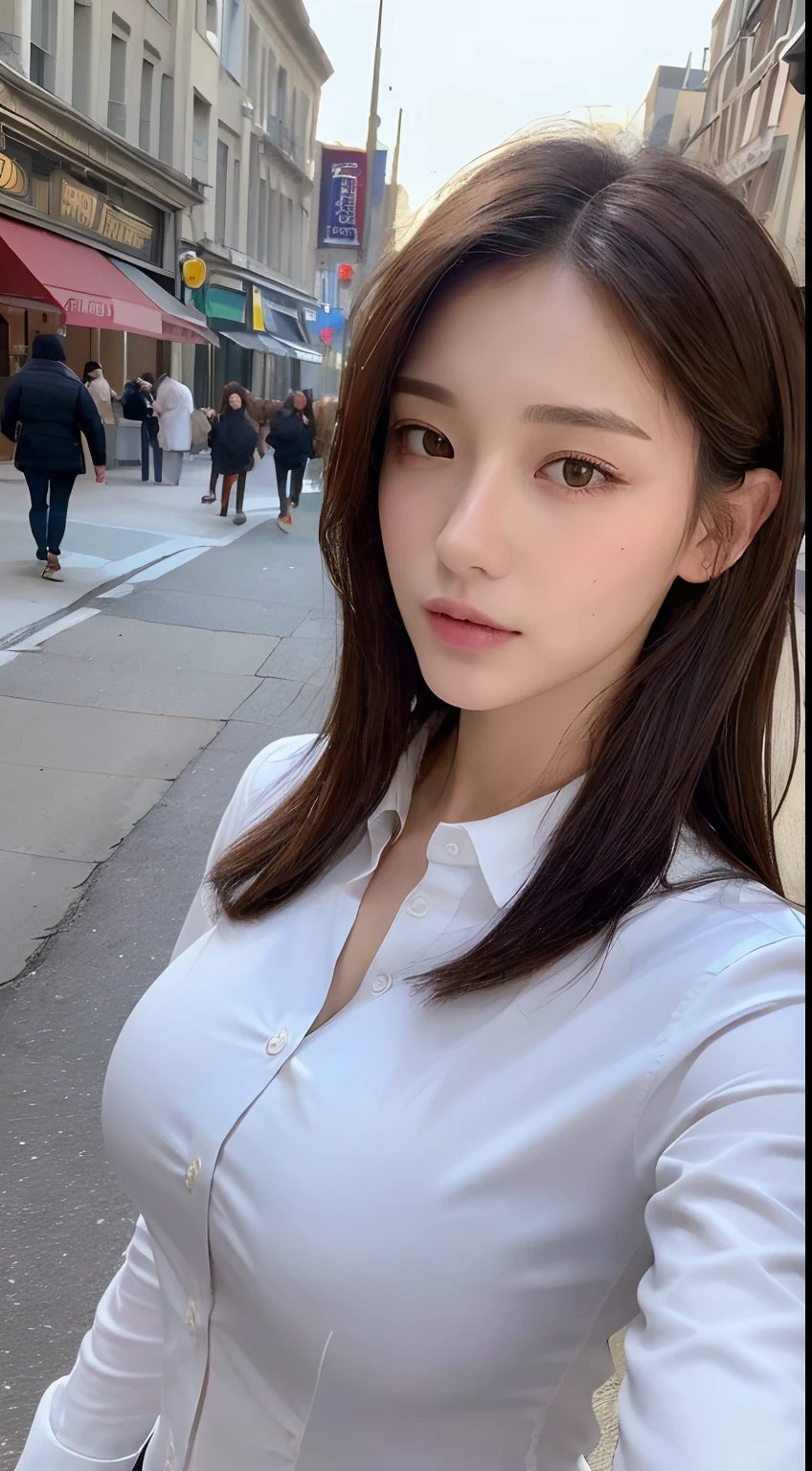 ((Best quality, 8k, Masterpiece :1.3)), Sharp focus :1.2, A pretty woman with perfect figure :1.4, Slender abs :1.2, ((Dark brown hair, Big breasts :1.2)), (White button up long shirt :1.1), City street:1.2, Highly detailed face and skin texture, Detailed eyes, Double eyelid