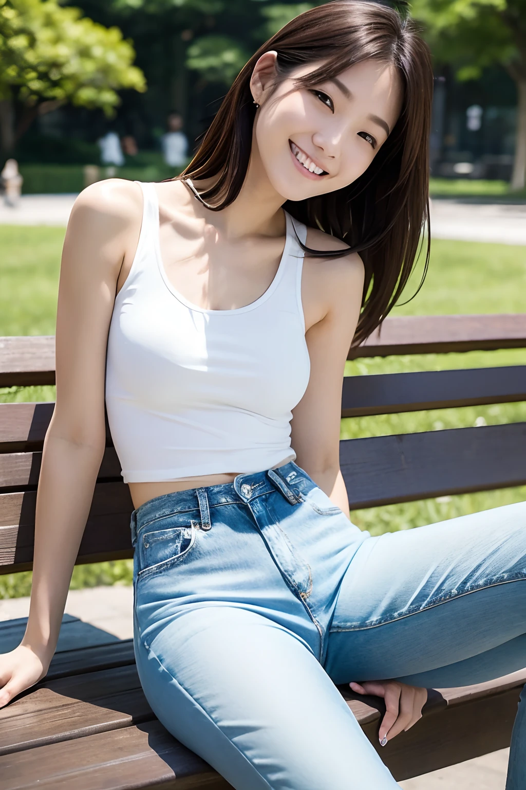 Female sexy、a smile、White tank top、long denim pants、Sitting on a park bench in the morning