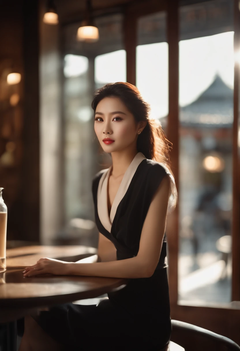 Sitting at a table in a café、sunlight streaming through window、A Japanese Lady,, Dynamic Pose, Skin Texture,, Shiny skin, (slim, Petite:1.2), [:(sharp focus on face, Detailed face, Perfect eyes, view the viewer:1.2):0.2], Photorealistic, film grains, Best Quality, masutepiece，30s