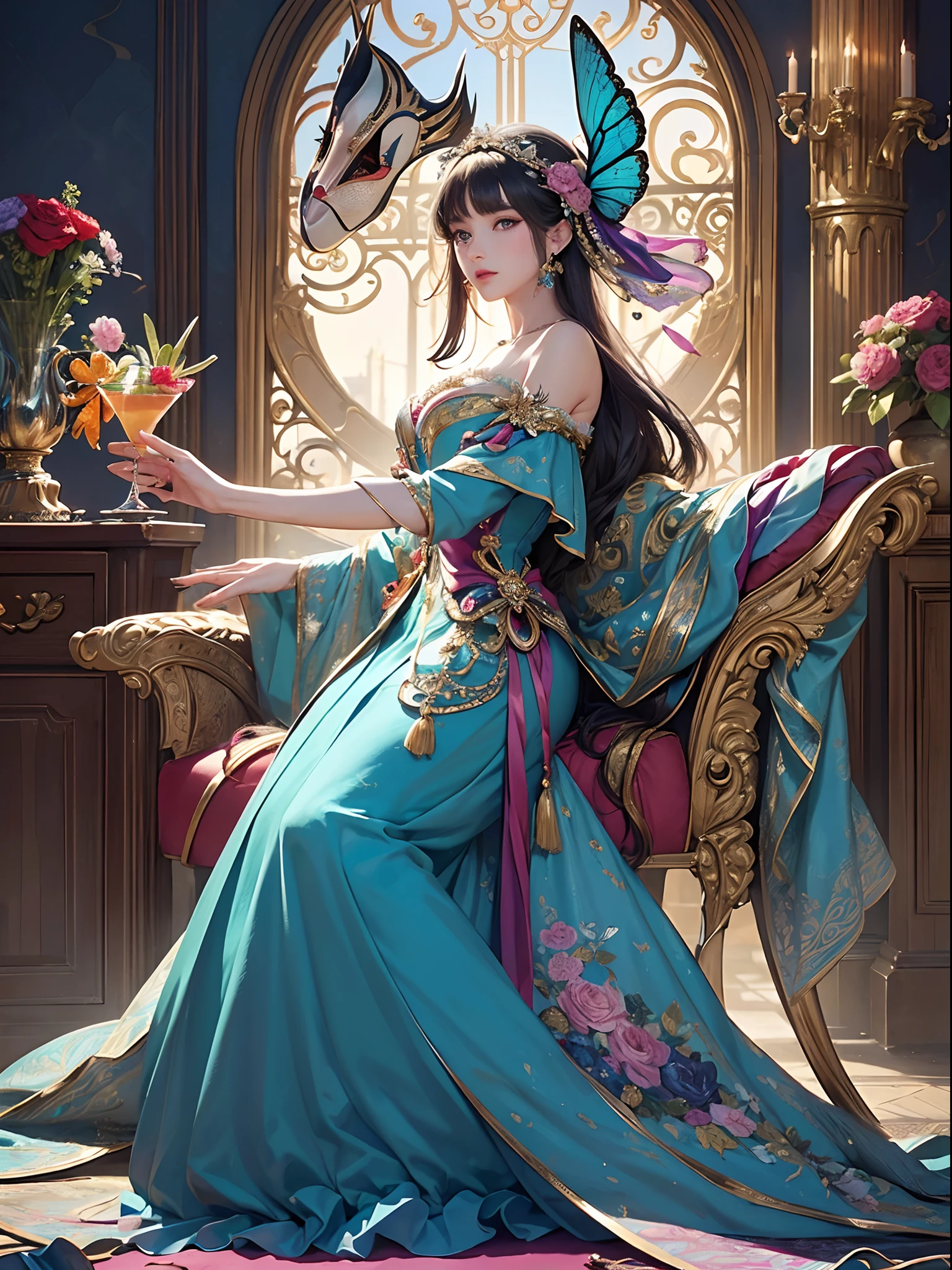Vibrant colors、((masterpiece)))、(((top-quality)))、((ultra-detailliert))、(A hyper-realistic)、(highly detailed CGillustration)、Official art、Florence at the beginning of the 20th century、Decadent、Madame Papillon、Masquerade、refinement、Elegance、Gorgeous、masquerade、Masks that cover most of the face、Colorful and detailed mask design、matchless beauty、Fans、Gorgeous Cocktail Dresses、jewely、Perfect Angle、perfect-composition。full body Esbian