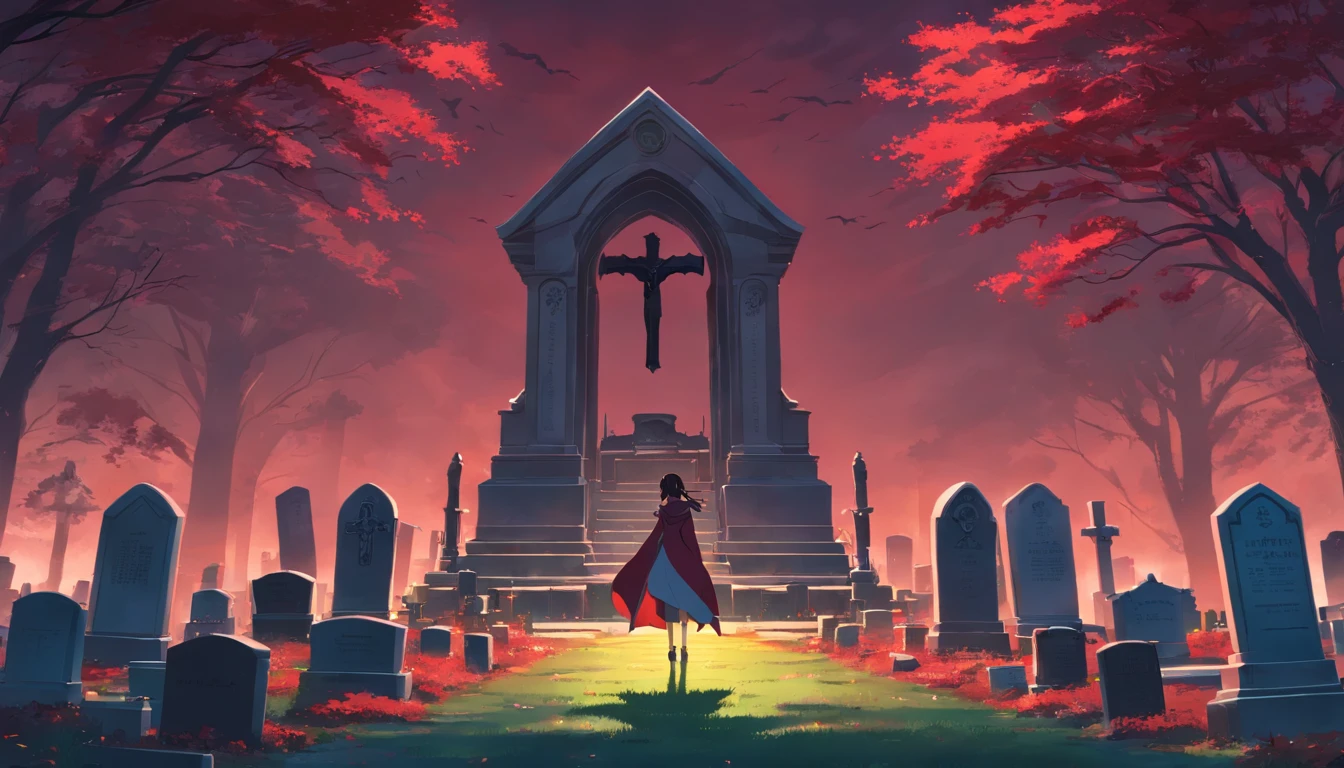 Cemetery with a vampire in the middle with dark dark red eyes menacing tombstone