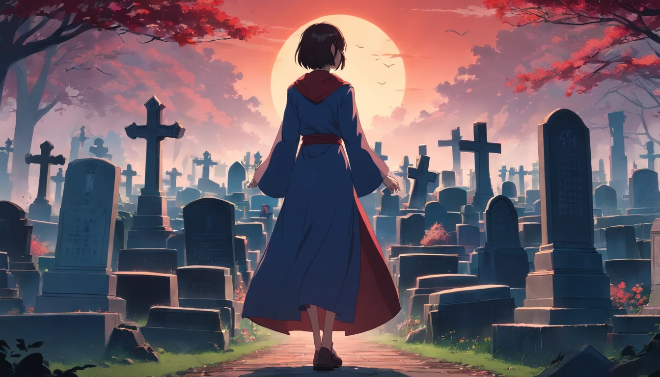 Cemetery with a vampire in the middle with dark dark red eyes menacing tombstone