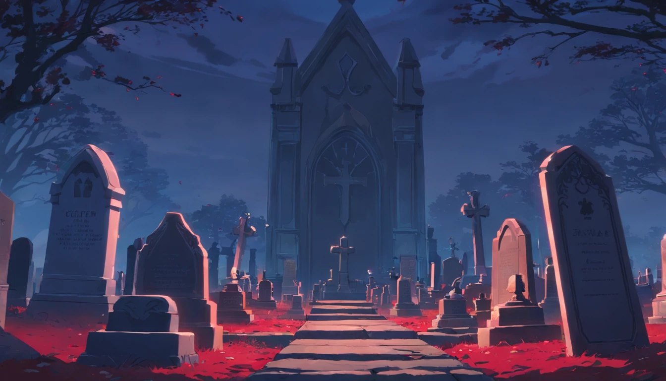 Cemetery with a vampire in the middle with dark dark red eyes menacing tombstone