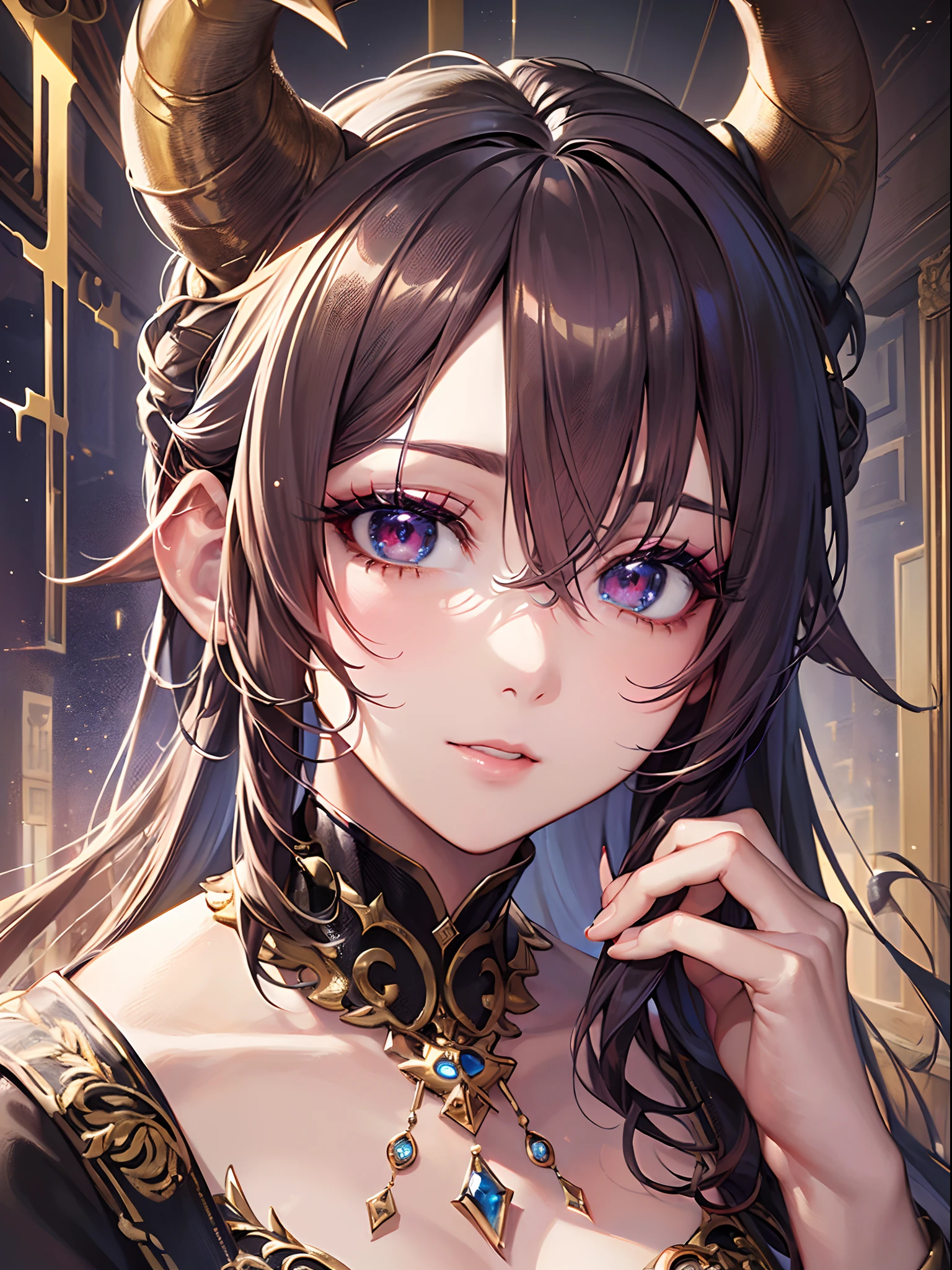 ((Finest quality)),(超A high resolution),(ultra-detailliert),(Meticulous portrayal),((best pictures)),(Finest works of art),Ultra-Precision Art,The art of astounding depiction, (1人の女性:1.5),Two horns extending from the forehead,makeup,