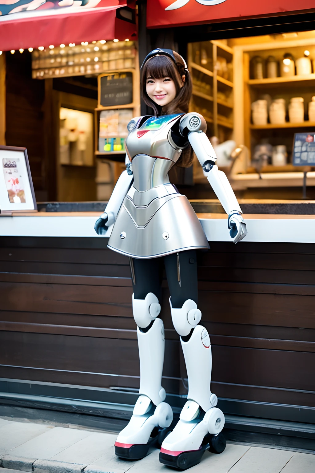 tea shop,Female robot,Machine body,Japan type human face,2 D Anime,a smile,is standing,Two Robots