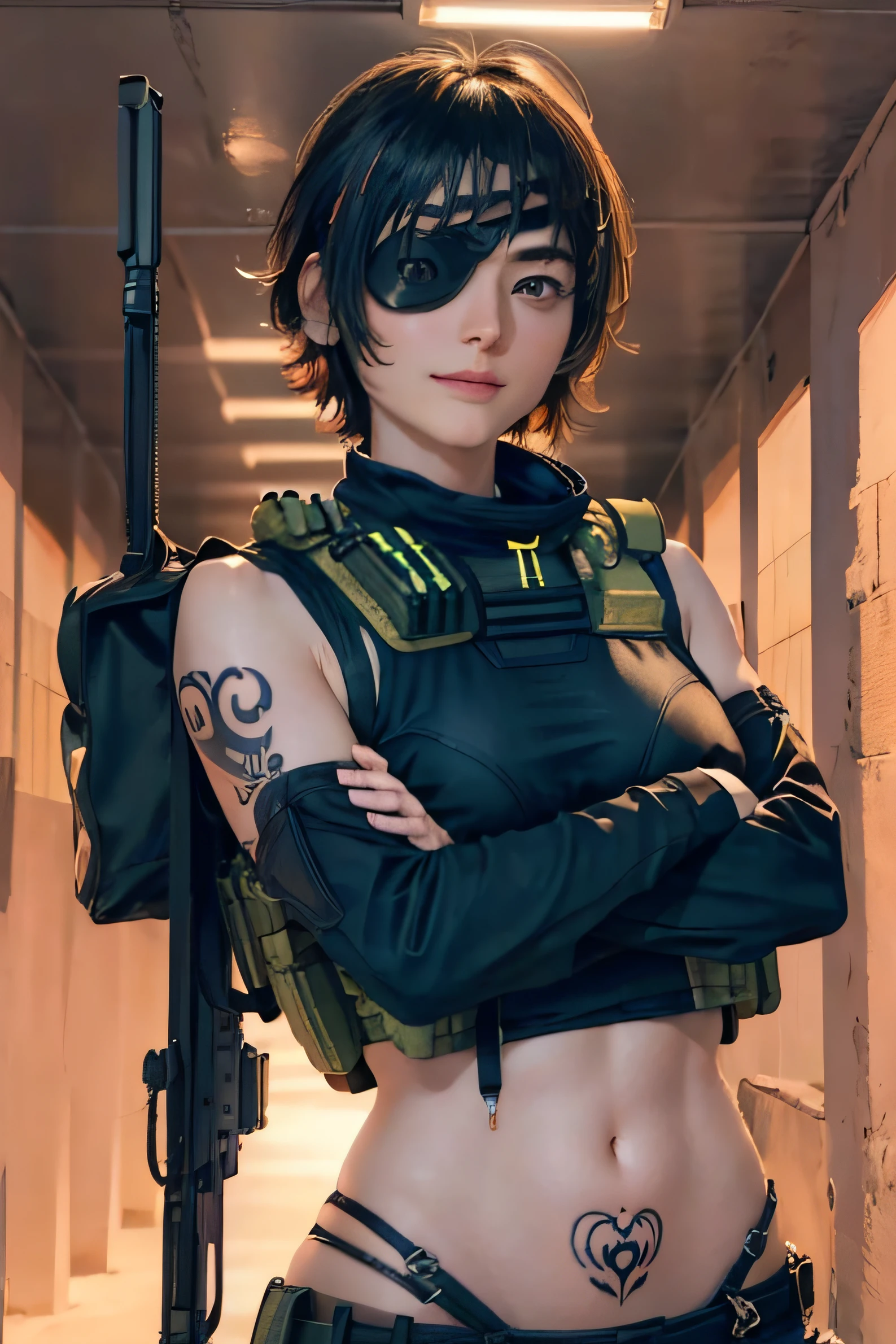 (1girl in), ((Desert Combat Uniforms, holding weapon, Tactical Goggles, Bullet Vest, Fully clothed:1.4)), ((Small breasts, small breasts with rounded upturn:1.3)), ((Emphasized chest, large pelvic, wide-hips, Midriff, Narrow waist, curvy waist:1.2)), ((slim, big breasts thin waist, slender, skinny stomach:1.2)), modern hairstyle, colour streaked hair, highlights in hair, ((smug face)), ((The tattoo:1.1)), masutepiece, Best Quality, Realistic, 超A high resolution, depth of fields, (full dual colour neon lighting:1.2), (Detailed face:1.2), (Detailed eyes:1.2), (Detailed background:1.2), (A desert, Action sequence, Cinematic lighting, Desert Storm:1.2) (masutepiece:1.2), (ultra-detailliert), (Best Quality), Convoluted, comprehensive cinematic, magical photography, (gradients), Colorful, Detailed landscapes, visual key, Shiny skin,