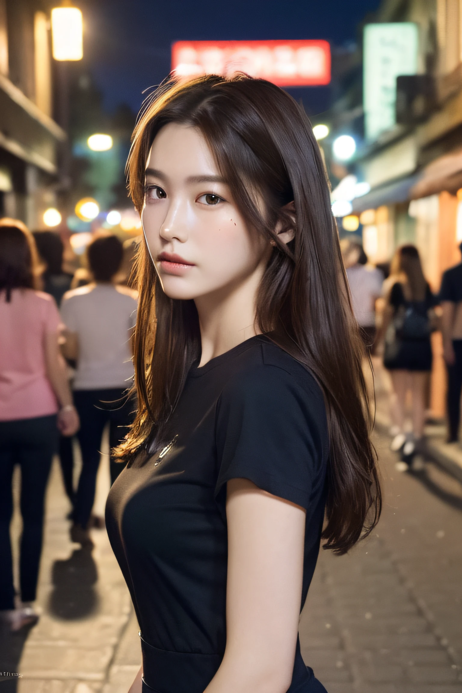 (top-quality、hight resolution、masterpiece:1.3)、Pretty women、slender figures、dark brown hair、tshirts、(Street in city at night)、Highly detailed facial and skin texture、A detailed eye、二重まぶた、Italy