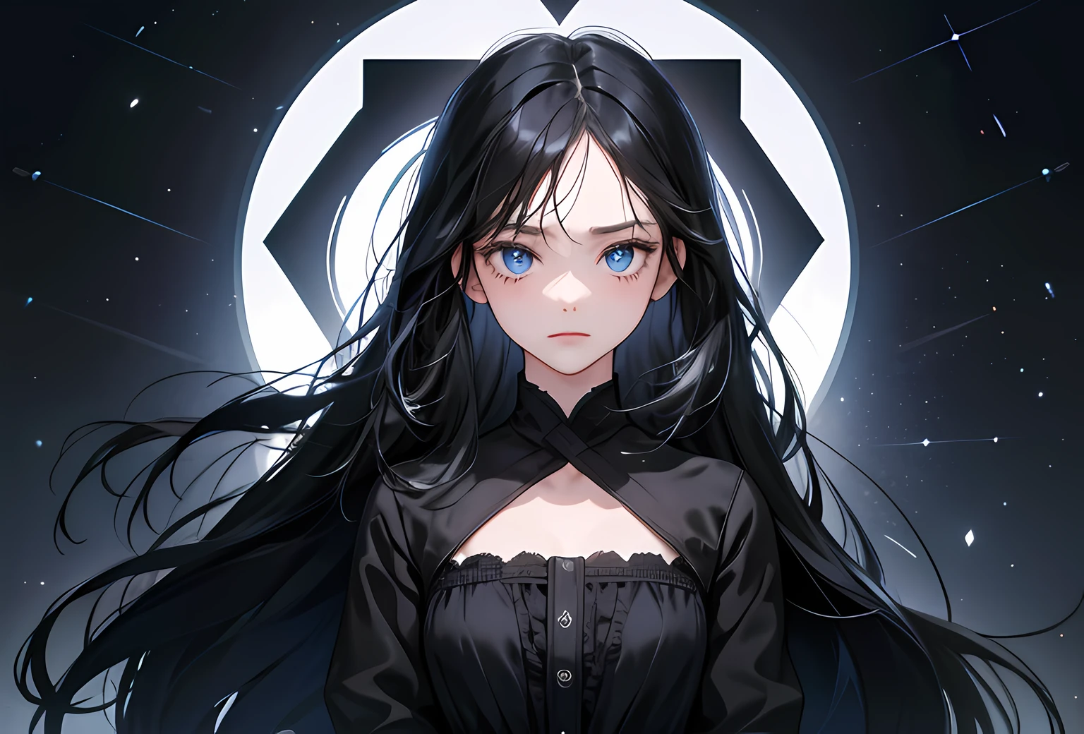 1 girl, high res, long black hair, blue eyes, wearing cute and modest black dress, sad, depressed, darkness, dark background, ultrasharp, 8K, masterpiece, looking at the viewer