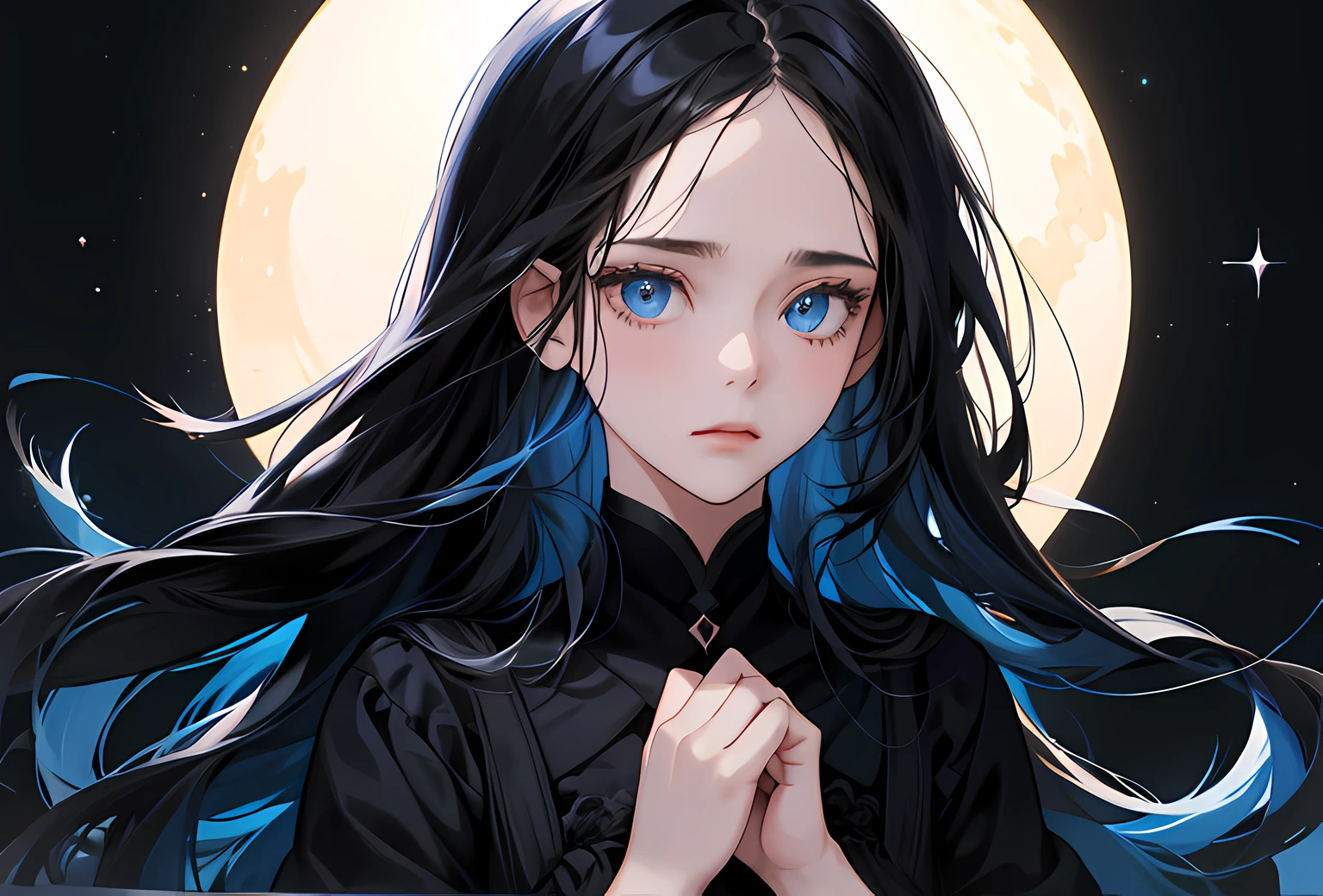 1 girl, high res, long black hair, blue eyes, wearing cute and modest black dress, sad, depressed, darkness, dark background, ultrasharp, 8K, masterpiece, looking at the viewer