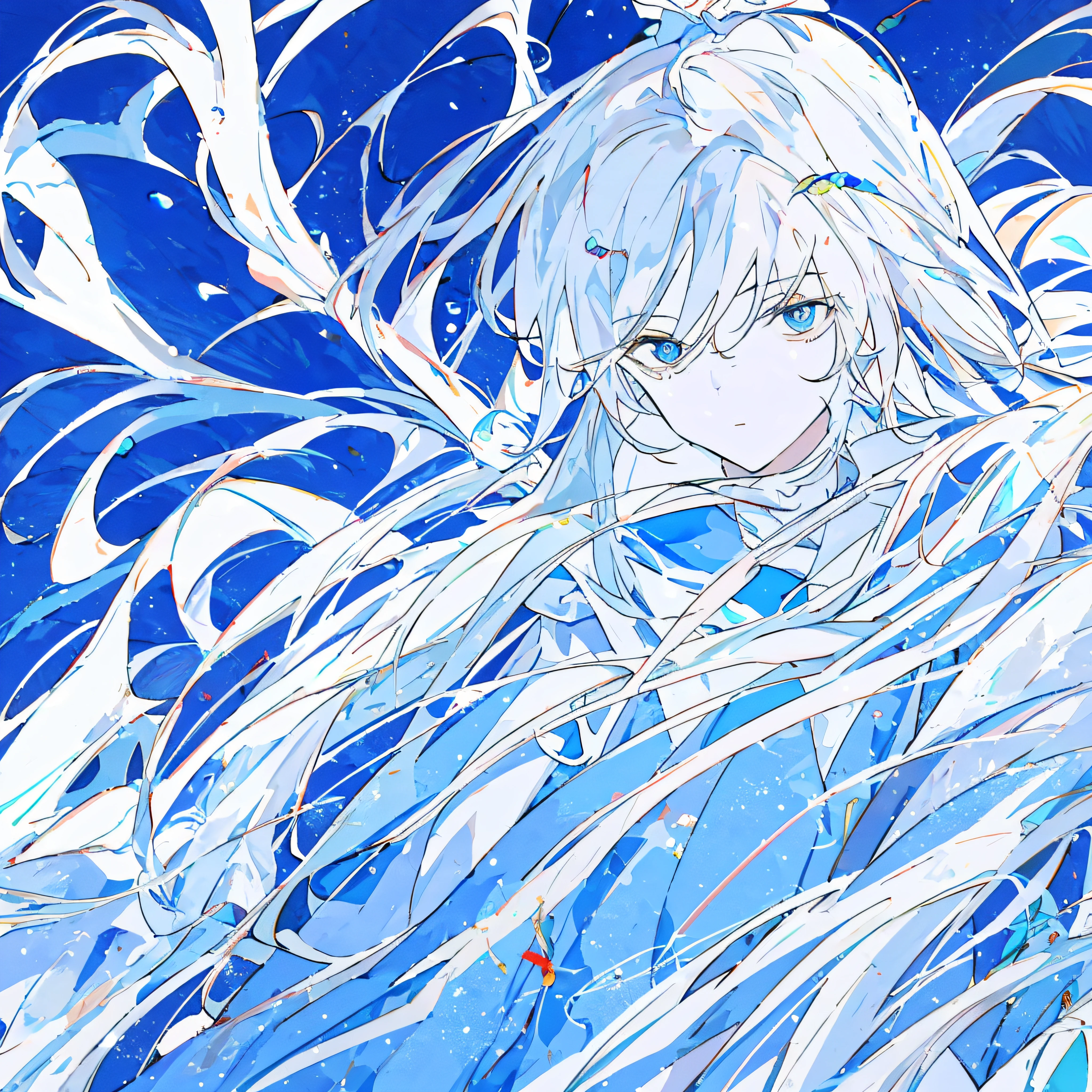 16-year-old man, Standing alone, Has blue pupils, Long white hair tied up high, Wooden hairpin, White and blue shawl, White and blue robes, Blue and white scarf，White and blue starry sky background, Optimize the pupils, Optimized facial features. (Best quality, 4K, A high resolution, Masterpiece:1.2), Ultra-detailed，Gorgeous