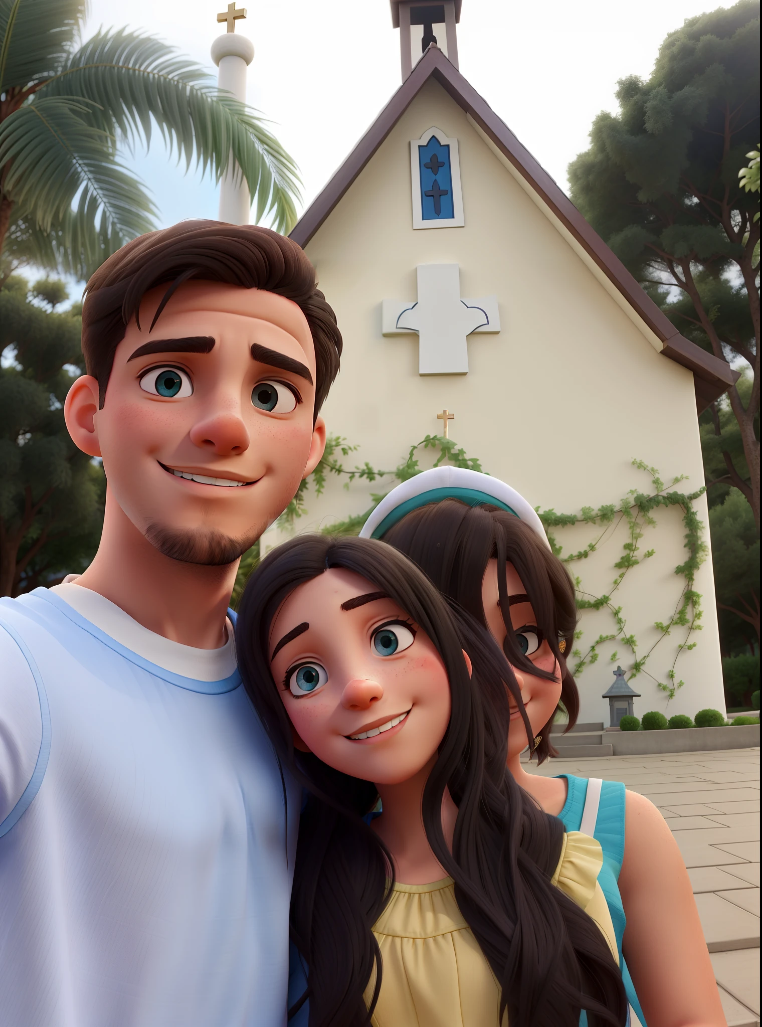 A young couple, two people, taking a selfie in front of a chapel of the Schoenstatt Shrine, uma mulher em um vestido verde e um homem em uma blusa azul clara