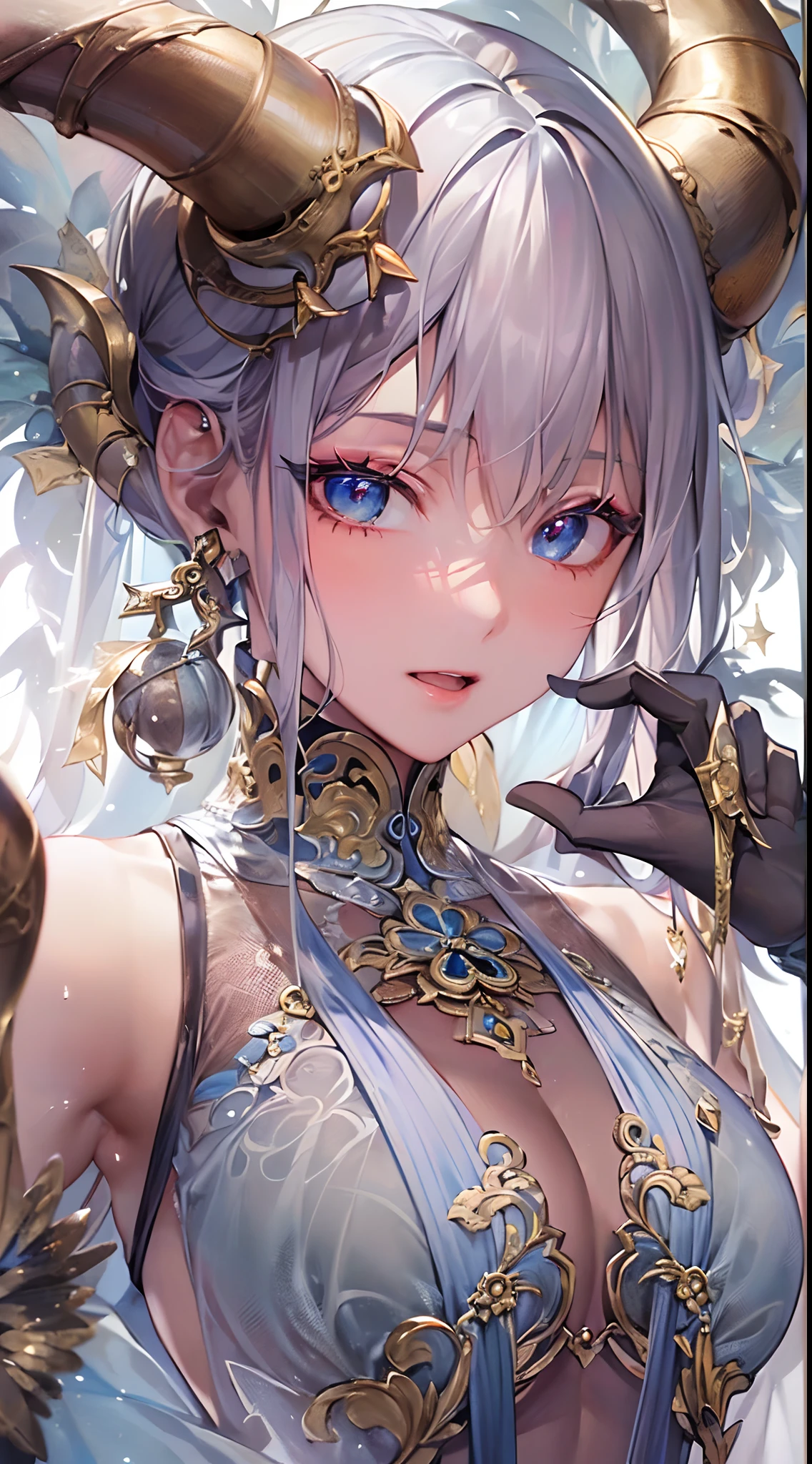 ((Finest quality)),(超A high resolution),(ultra-detailliert),(Meticulous portrayal),((best pictures)),(Finest works of art),Ultra-Precision Art,The art of astounding depiction, (1人の女性:1.5),Eyes on the forehead:1.5,2 horns,Slim body:1.8,makeup,