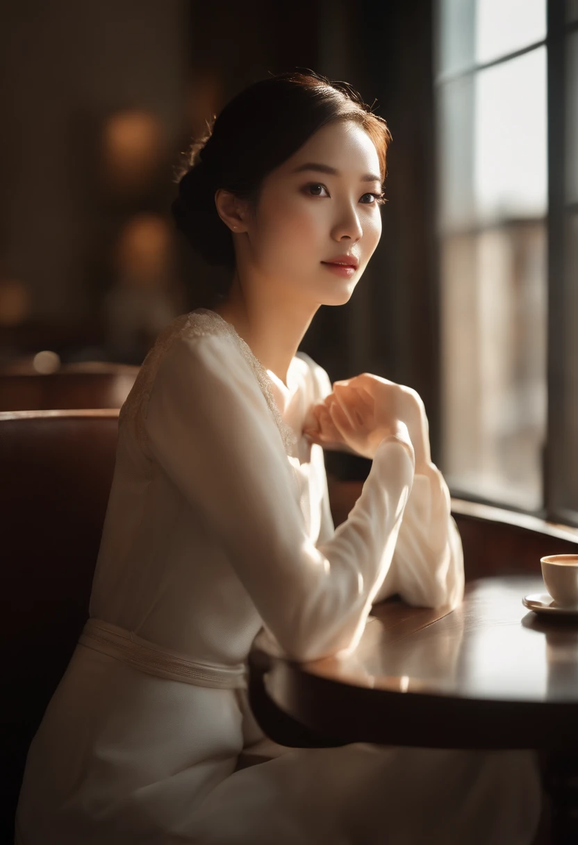 Sitting at a table in a café、sunlight streaming through window、A Japanese Lady,, Dynamic Pose, Skin Texture,, Shiny skin, (slim, Petite:1.2), [:(sharp focus on face, Detailed face, Perfect eyes, view the viewer:1.2):0.2], Photorealistic, film grains, Best Quality, masutepiece，30s，Realistic skin type