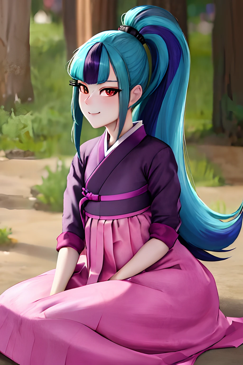 hanbok, mlpsonata, profile, ponytail, blue hair, hair pin, (Best Quality,4k,8K,high resolucion,Masterpiece:1.2),Ultra-detailed,realisitic:1.37,Vivid colors,studio lit, black outline, thick outlines, thin body, thin legs, looking at viewer