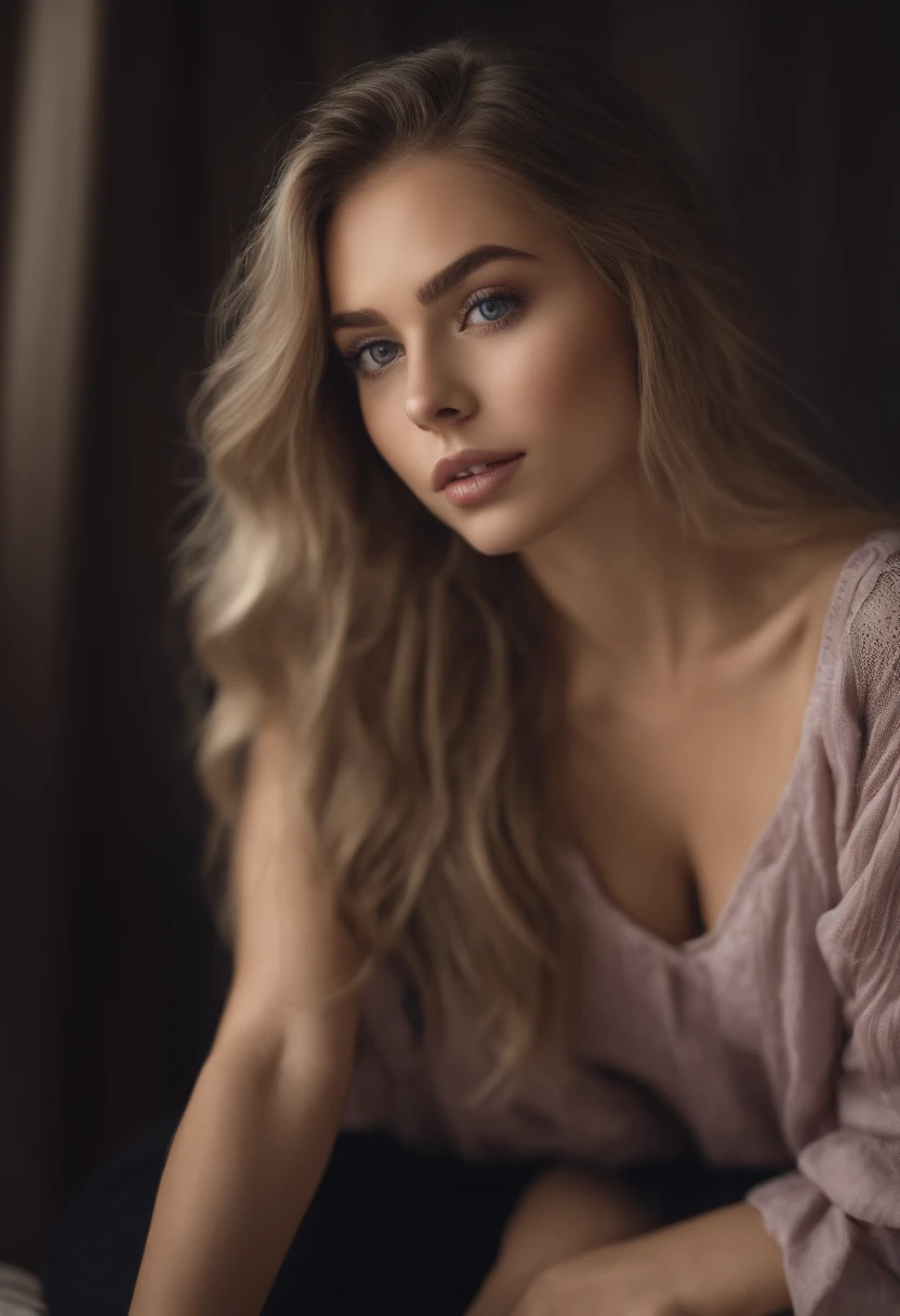 Arafed woman completely , fille sexy aux yeux verts, ultra realist, Meticulously detailed, Portrait Sophie Mudd, cheveux blonds et grands yeux, selfie of a young woman, Yeux de chambre, Violet Myers, sans maquillage, maquillage naturel, looking straight at camera, Visage avec Artgram, Maquillage subtil, Great photo of the whole body kneeling on the bed, dans la chambre, Bust of medium size to large mixed breed