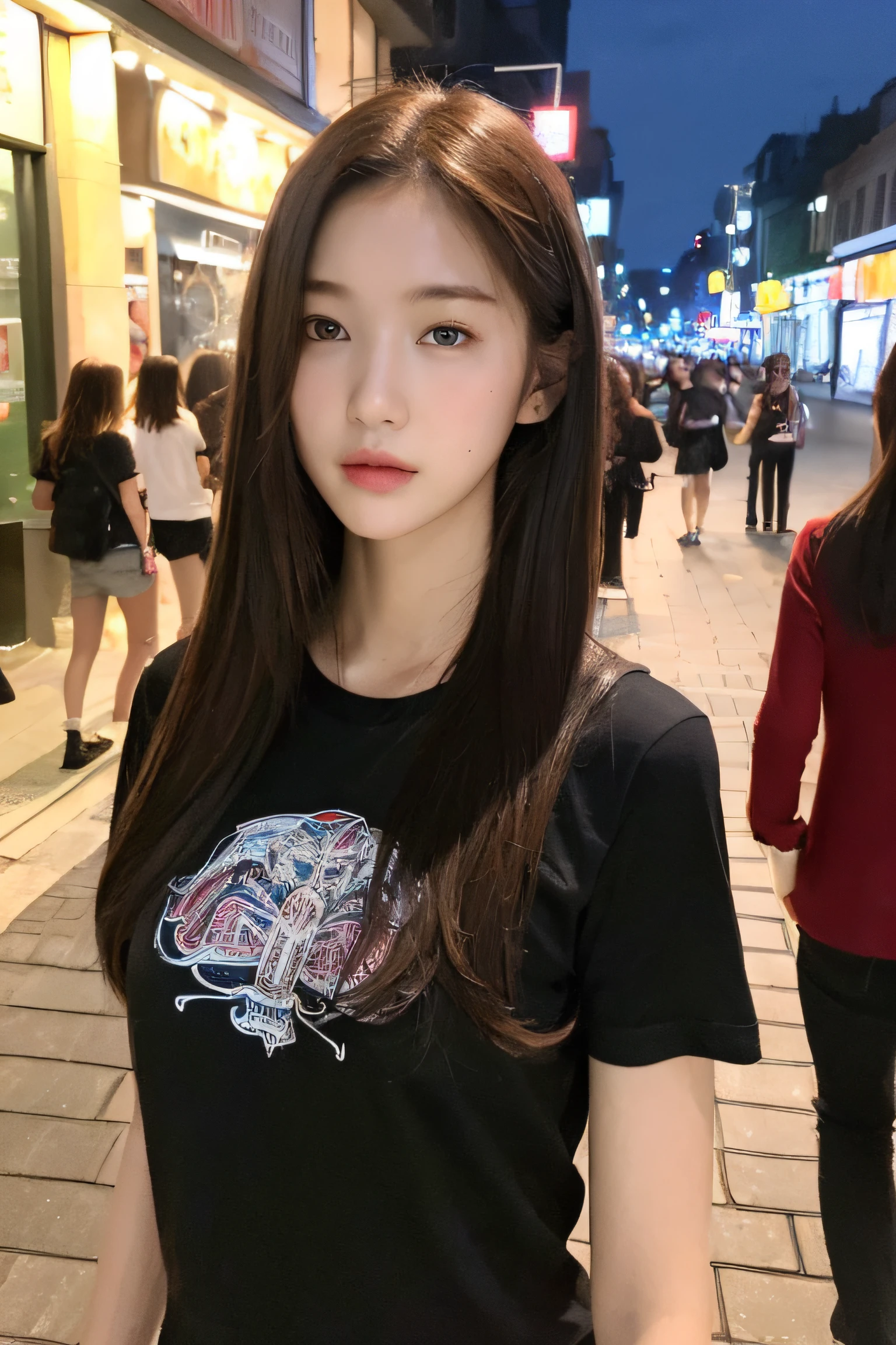 (top-quality、hight resolution、masterpiece:1.3)、Pretty women、slender figures、dark brown hair、tshirts、(Street in city at night)、Highly detailed facial and skin texture、A detailed eye、二重まぶた、Italy