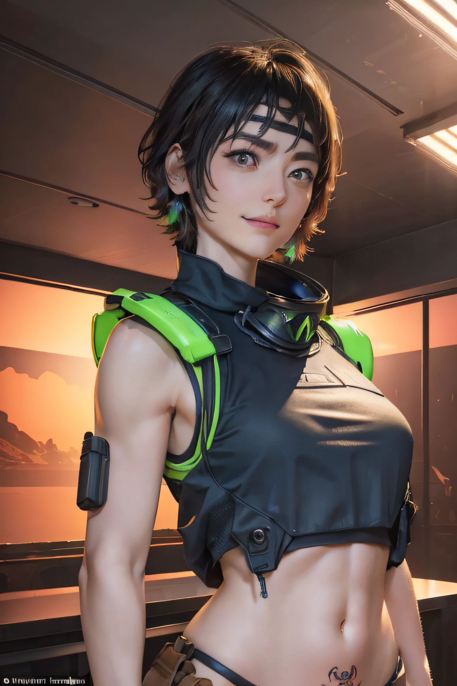 (1girl in), ((Desert Combat Uniforms, holding weapon, Tactical Goggles, Bullet Vest, Fully clothed:1.4)), ((Small breasts, small breasts with rounded upturn:1.3)), ((Emphasized chest, large pelvic, wide-hips, Midriff, Narrow waist, curvy waist:1.2)), ((slim, big breasts thin waist, slender, skinny stomach:1.2)), modern hairstyle, colour streaked hair, highlights in hair, ((smug face)), ((The tattoo:1.1)), masutepiece, Best Quality, Realistic, 超A high resolution, depth of fields, (full dual colour neon lighting:1.2), (Detailed face:1.2), (Detailed eyes:1.2), (Detailed background:1.2), (A desert, Action sequence, Cinematic lighting, Desert Storm:1.2) (masutepiece:1.2), (ultra-detailliert), (Best Quality), Convoluted, comprehensive cinematic, magical photography, (gradients), Colorful, Detailed landscapes, visual key, Shiny skin,