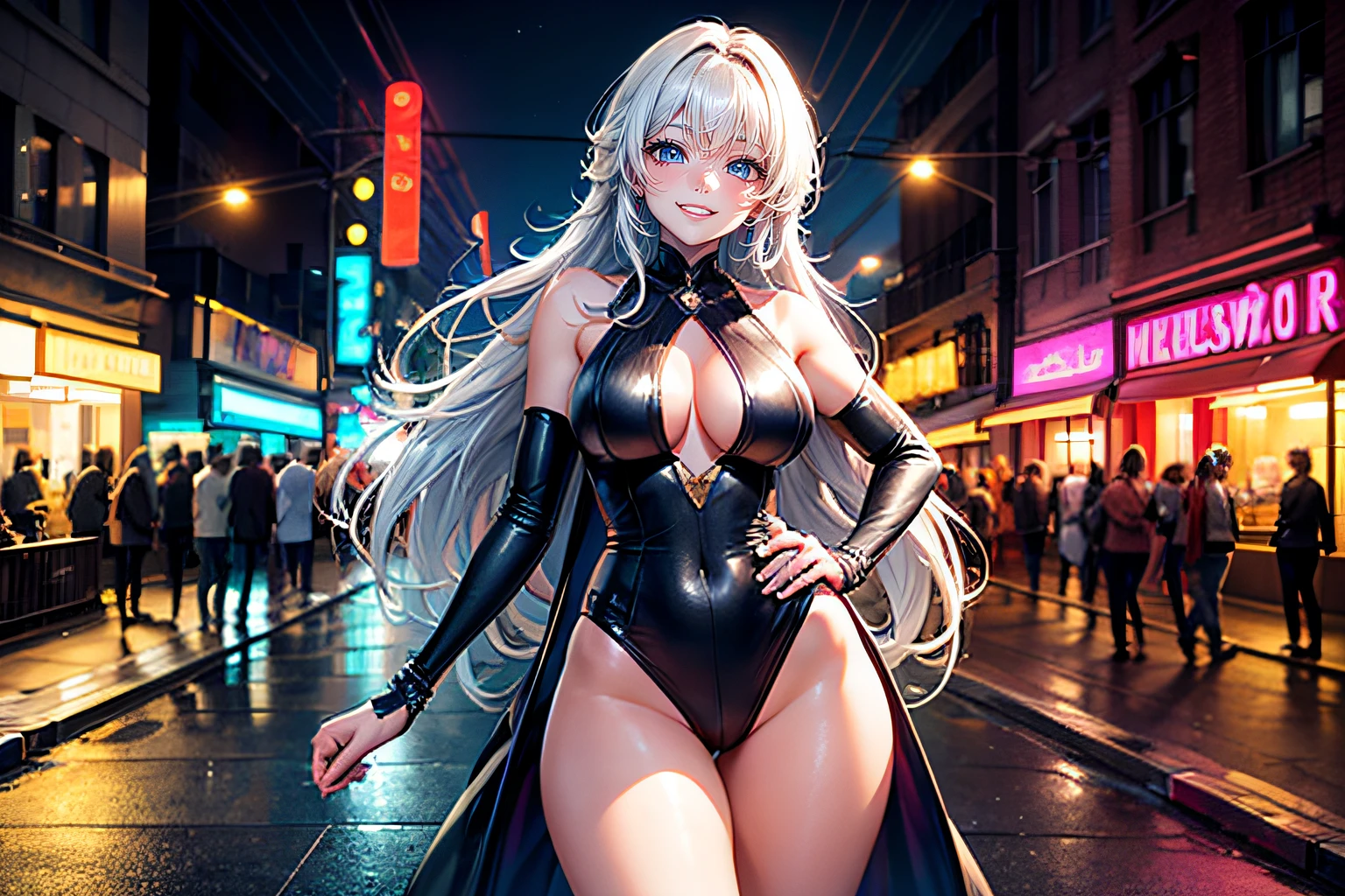 ((22-year-old beauty)), ((embarrassed smile)), ((luscious long hair)), ((Gradient eyes)), ((Background is a street at night with neon signs)), ((sexy clothes)), NFFSW, UHD, Retina, Masterpiece, Accurate, Anatomical, Scientifically Correct, Textured Skin, Super Detail, High Detail, High Quality, Award Winning, Top Quality, High Resolution, 1080P, HD, 4K, 8k , 16k
