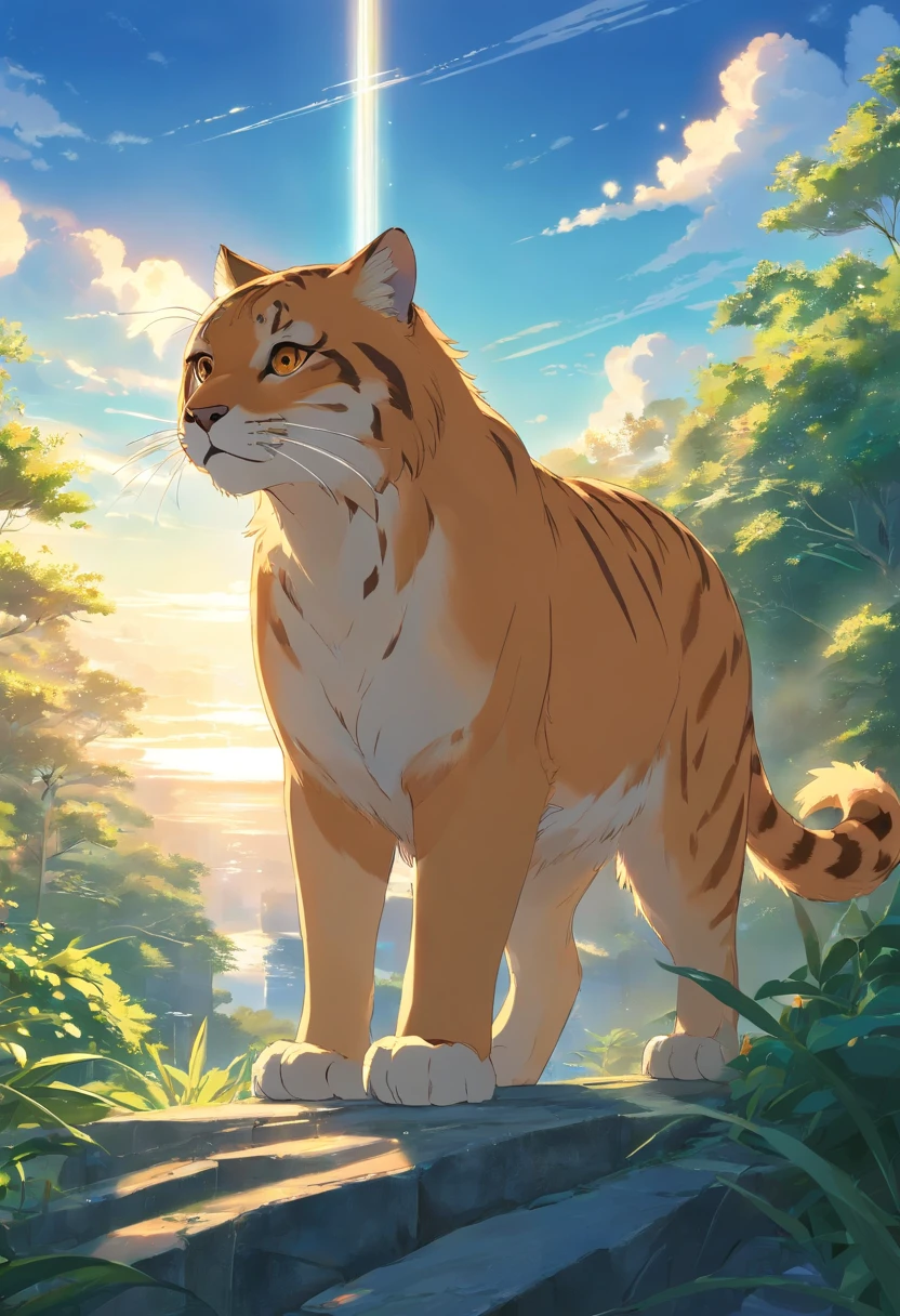 Huge big cat,downy,rays of sunshine