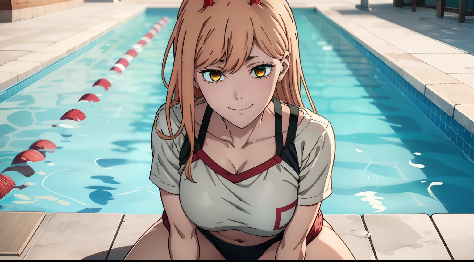 swimming pool, hooligan, sitting in the pool edge, looks at the viewer, ssmile, grin, criminal, laughting, shirt unbuttoned, stooping forward, handsome body(Perfect Anatomy 1.1), medium chest size, bare breasts, sports clothing, red sneakers, madwoman, vulgar, Erotica, half naked, beautiful breasts, waist, bare buttocks, sexy body, hight resolution, 1girl, 独奏, hairlong, blonde woman, dangerous,vivid eyes,Yellow eyes, Odin, Mesmerizing eyes,Confident,superior, naughty, (power \(chainsaw man\),), red horns, Energy from a chainsaw, Red horns on the head, Cool anime 8K, Clean and detailed anime art, 4K Manga Wallpapers, Подробный портрет Anime Girl, Anime 4K Style, Anime Art Wallpapers 4K, Anime Art Wallpaper 4K Masterpiece, Gorgeous, Best Quality,