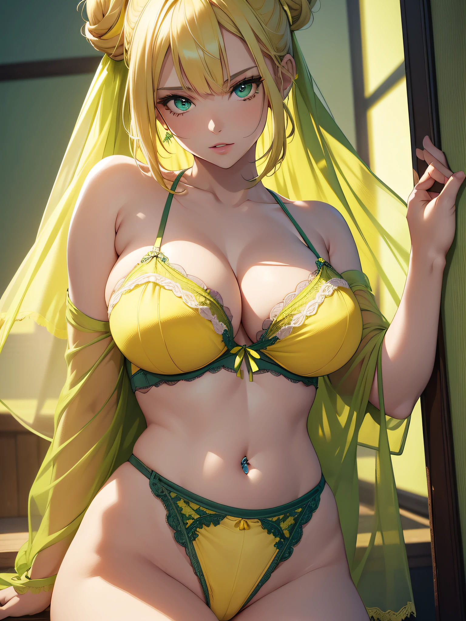 absurd, 8K, high resolution, ultra detailed, beautiful, masterpiece, best quality, very pretty woman, young, very pretty woman, sexy, (green and yellow lingerie:1.5), blue eyes, blonde hair, bun, navel piercing, sexy, detailed woman face, very attractive, (very large breasts:1.3) nsfw,
