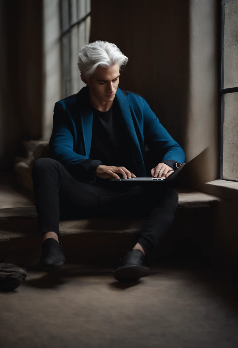 A young man sits fiddling with his laptop,White hair,A black T-shirt and blue coat, His strength is technology, Semi-realism