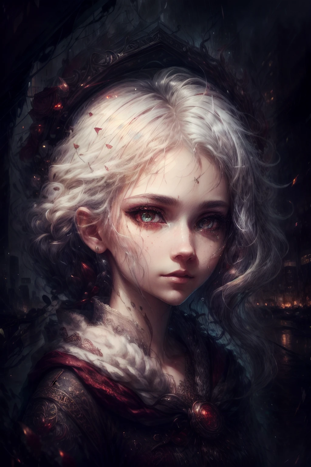 masterpiece, best quality, extremely detailed, cinematic lightning, intricate detail, highres, official art, finely detailed beautiful face and eyes, high resolution illustration, 8k, depth of field, bokeh, solo, 1girl, a girl with white hair and red eyes, long white hair, beautiful red eyes, beautiful landscape, rainy city, upper body, looking at viewer, close up