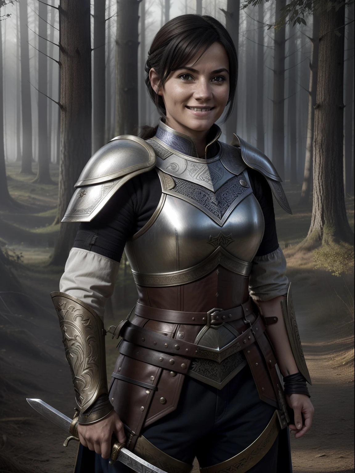aportrait of smiling female warrior of European appearance with a sword in her hand. Dark short hair, in the background is her white horse and forest
