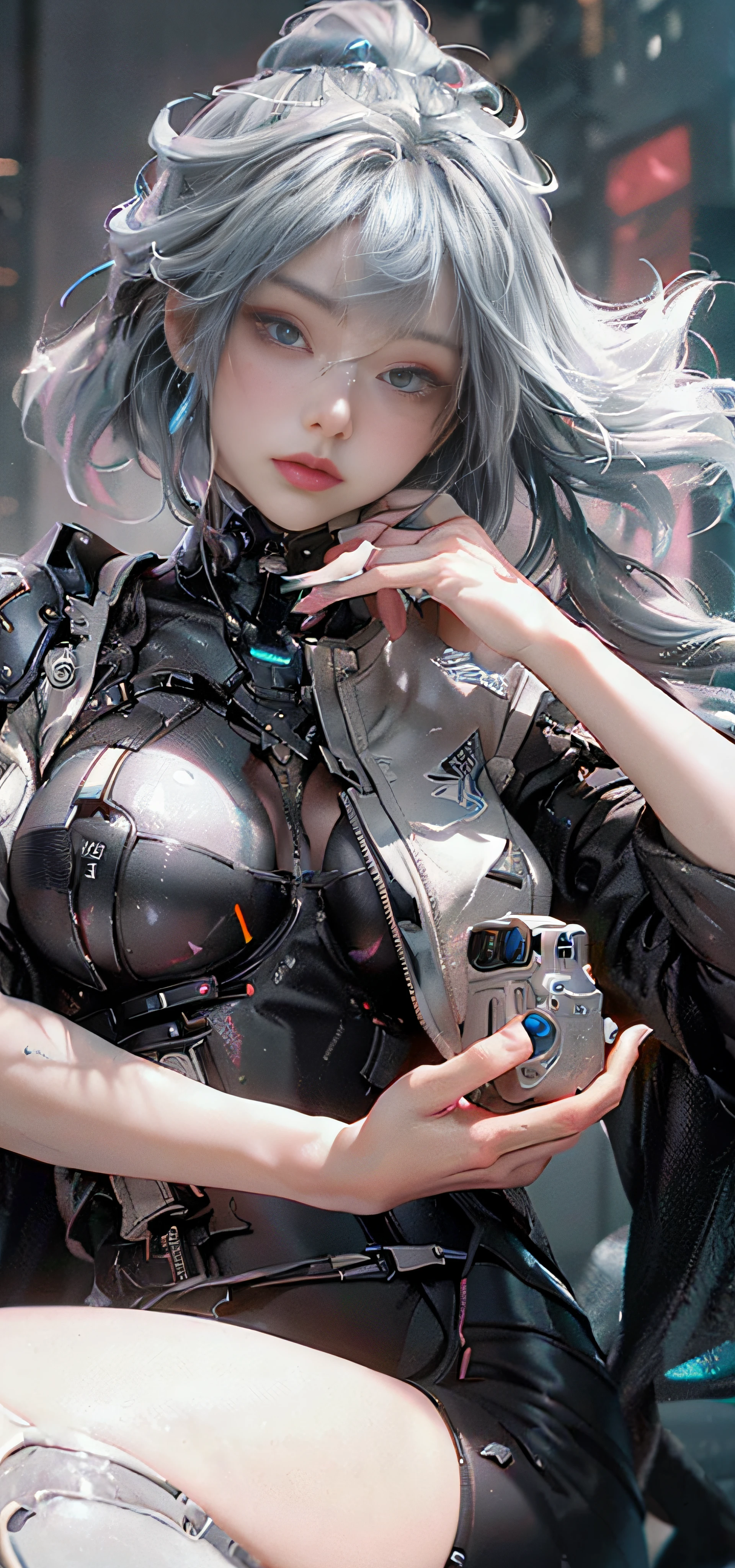 ((best qualtiy)), ((tmasterpiece)), (the detail:1.4), 。.。.。.。.。.。.。.。.。.。.。.。.。.。.。.。.。.。.。.。.。.3D, A beautiful cyberpunk female image,hdr(HighDynamicRange),Ray traching,NVIDIA RTX,Hyper-Resolution,Unreal 5,Subsurface scattering、PBR Texture、post-proces、Anisotropy Filtering、depth of fields、maximum definition and sharpness、Many-Layer Textures、Albedo e mapas Speculares、Surface coloring、Accurate simulation of light-material interactions、perfectly proportions、rendering by octane、Two-colored light、largeaperture、Low ISO、White balance、the rule of thirds、8K raw data、Cyberpunk sci-fi style,Black and white main color clothing,Blue luminous decoration,Bigchest,Sexy black silk,Smooth thighs,huge tit,Black neck cover,High reflectiveness,kneels on the ground,Bare skin