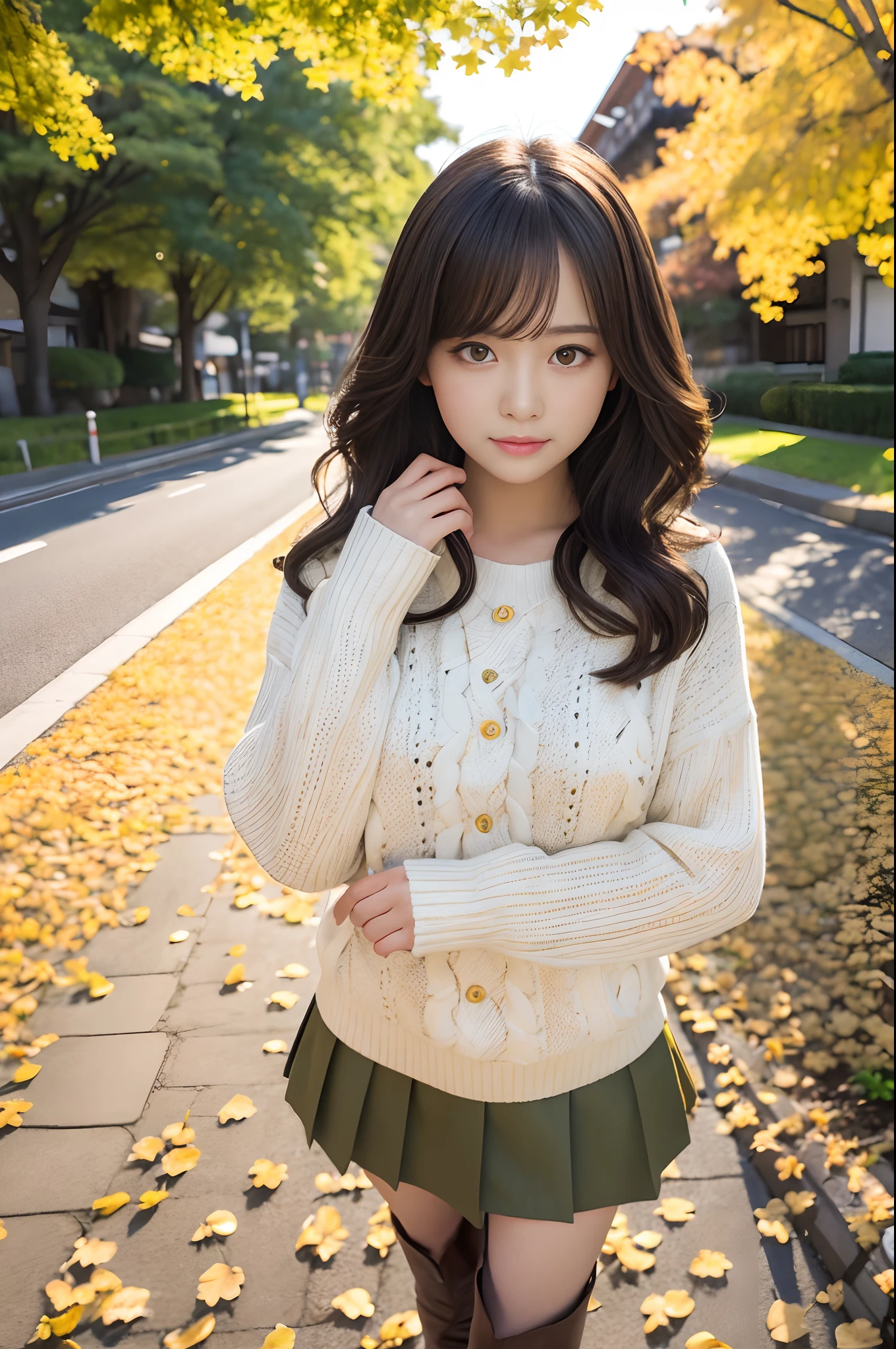 (Raw photo:1.2), (Photorealistic), Beautiful detailed girl, Very detailed eyes and face, Beautiful detailed eyes, Huge file size, High resolution, Very detailed, Best Quality, [masutepiece:1.6], Illustration, Very detailed, Fine detail, Best Quality, 8K Wallpaper, Movie Lighting, Japan's 18-year-old idol, Countless ginkgo trees around 
, tree-lined street, Countless yellow and green ginkgo leaves flutter, kawaii eyes, Long wavy black hair,  White sweater,  Brown pleated skirt, Red ribbons, Black boots, Slim Boti, Immature body, Young Face, Smaller chest,   Ginkgo Street Tree,Autumn landscape, Autumn sunny, Sardine cloud, bright expression